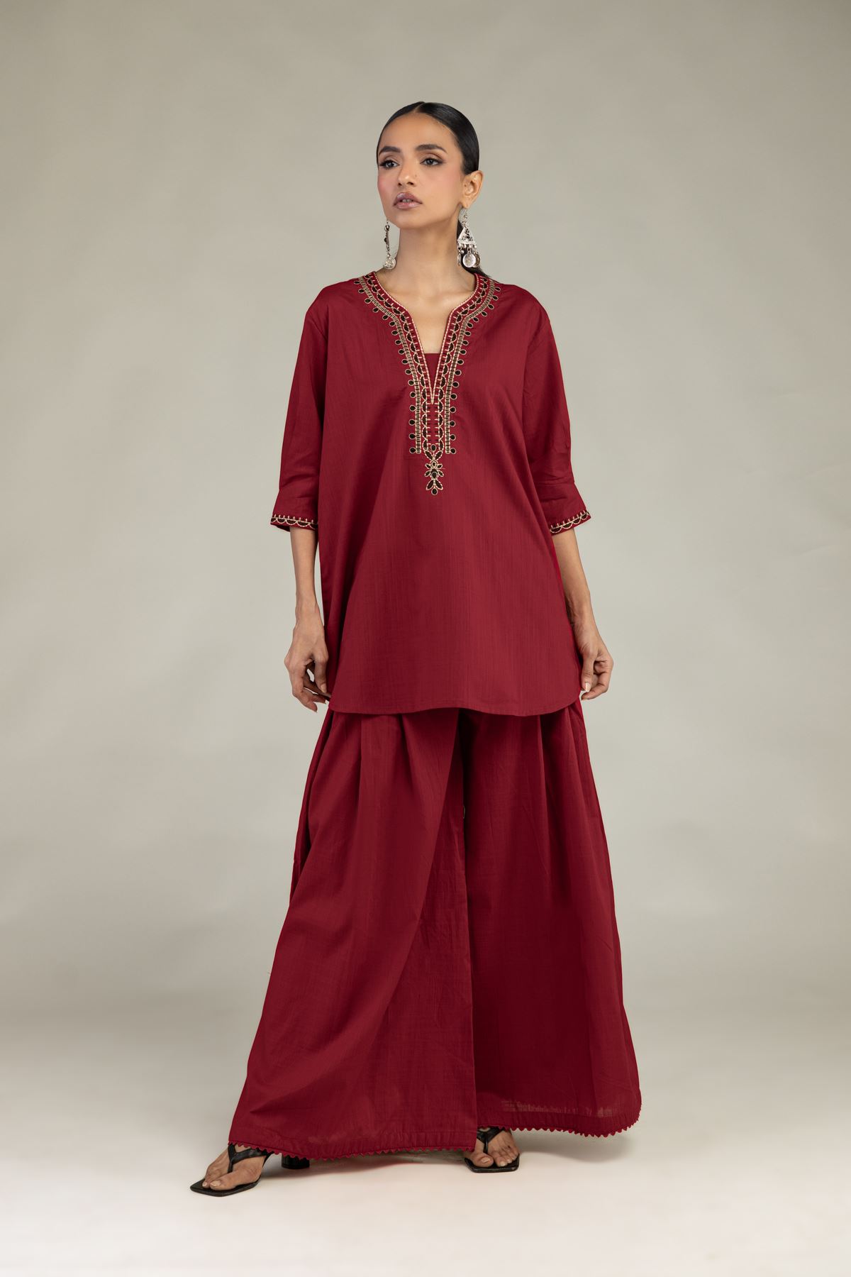 Textured Cotton Embroidered V-Neck Cotton Kurta - 1-26-226-A-I1-VG