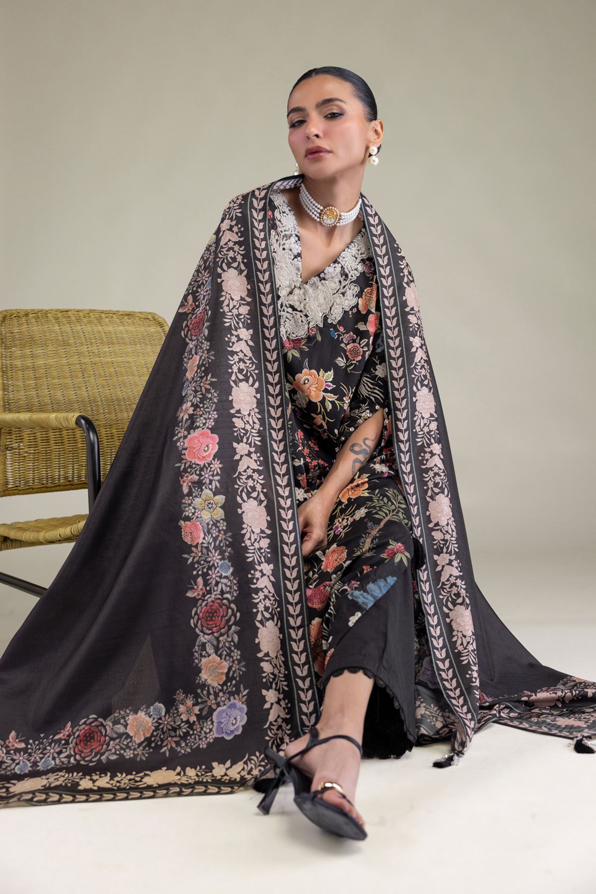 Embroidered Polyester Silk Black Silk Dupatta - 2-26-206-A-A1-VG