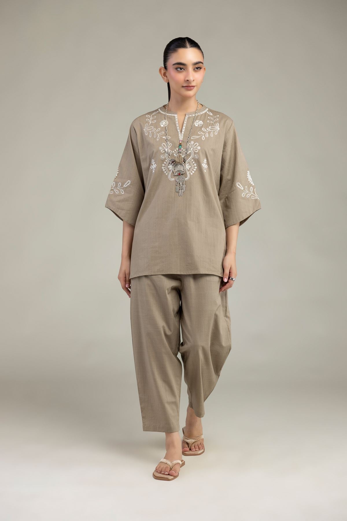 Embroidered Textured Cotton Textured Cotton Trousers - 6-26-204-B-I1-VG