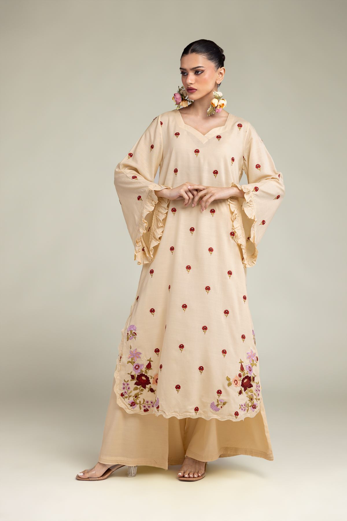 Embroidered Raw Silk Floral Silk Kurta - T-A33-26-210FJ1-VG