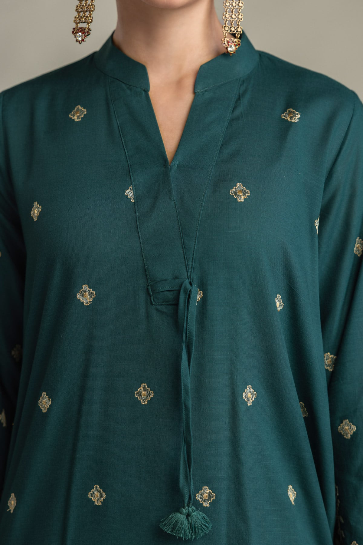 Embroidered Raw Silk Short V-Neck Kurta - 2-26-202-A-D-VG