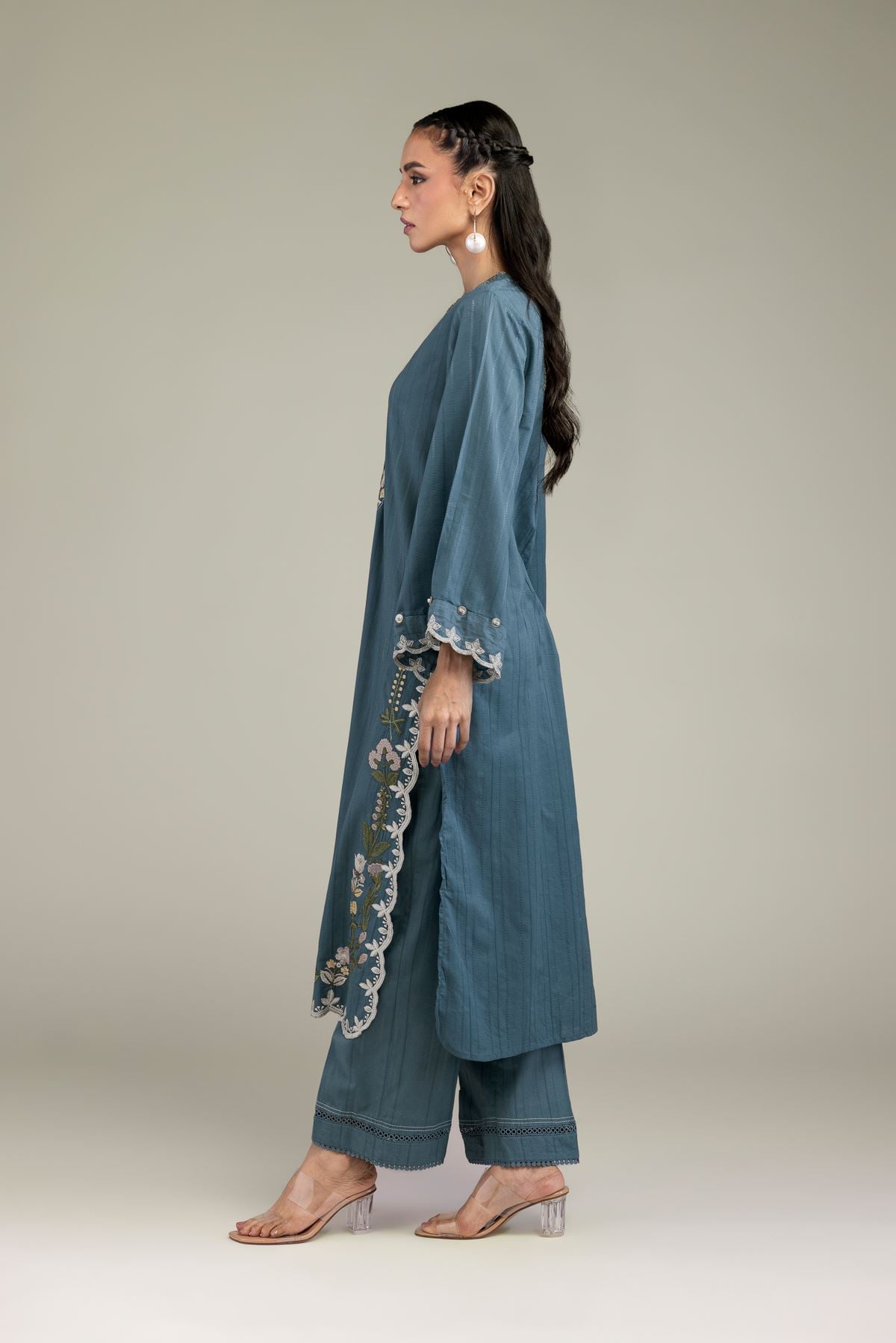 Embroidered Textured Cotton Blue Cotton Pants - 1-26-206-A-I1-VG