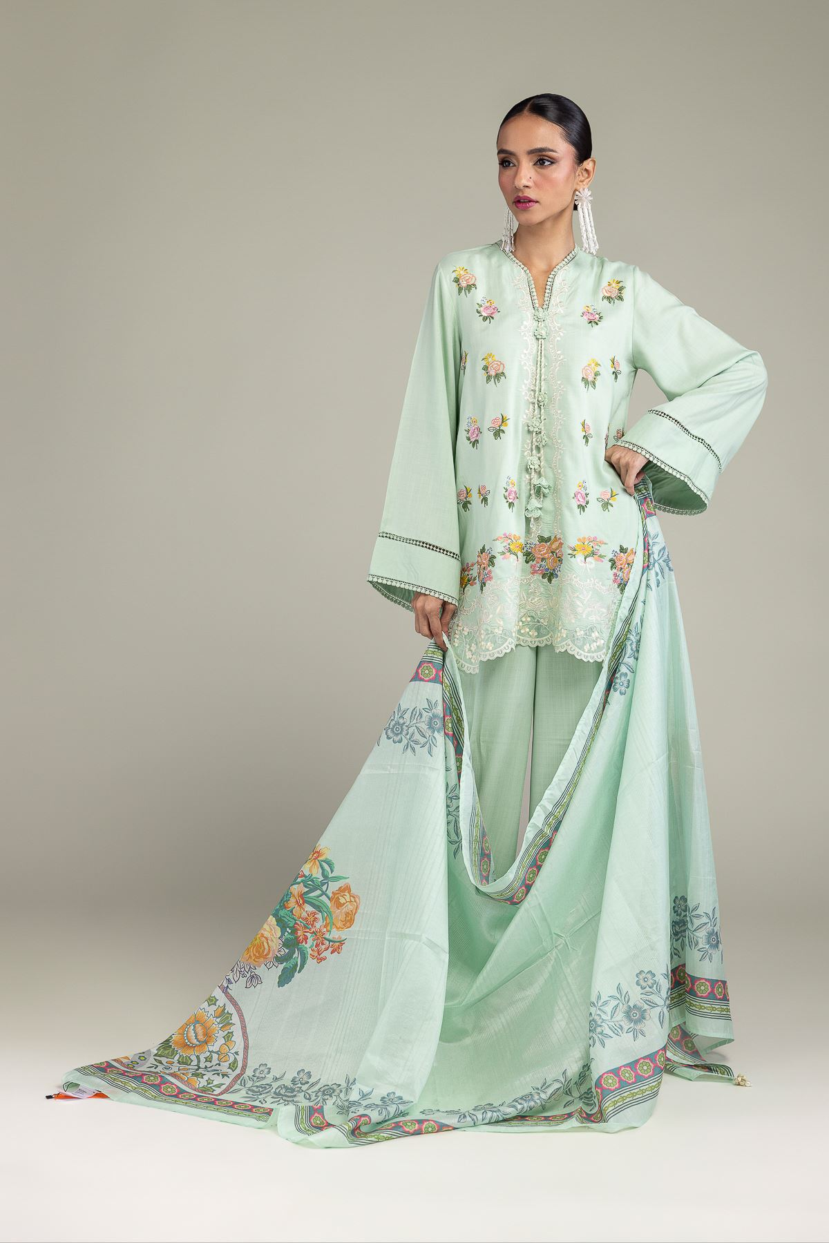 Embroidered Polyester Silk Mint Floral Dupatta - 2-26-209-A-D1-VG