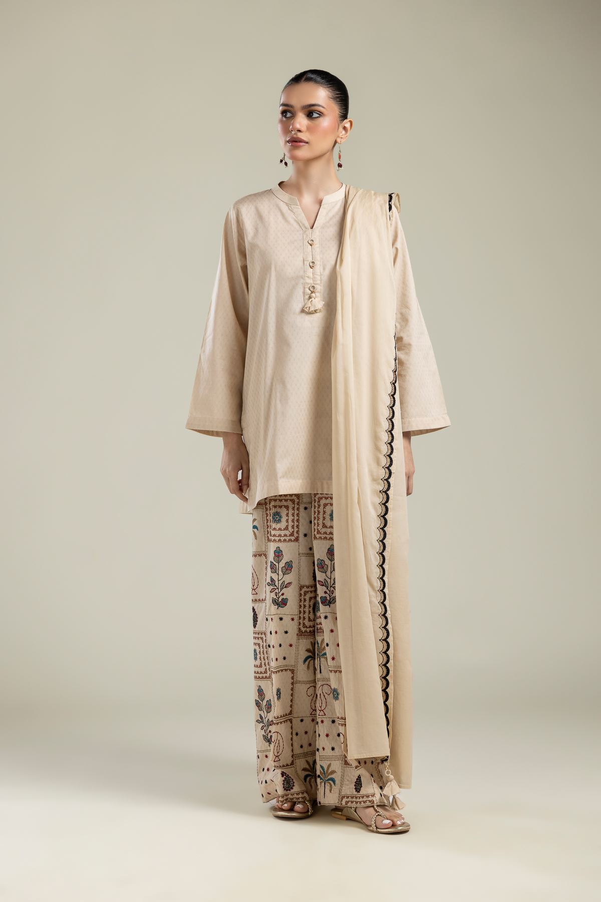 Embroidered Cotton Dobby Beige Cotton Pants - 1-26-134-A-E-VG