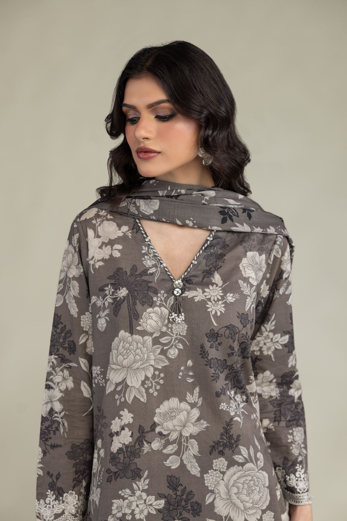 Embroidered Lawn Gray Lawn Dupatta - 1-26-244-C-H2-VG