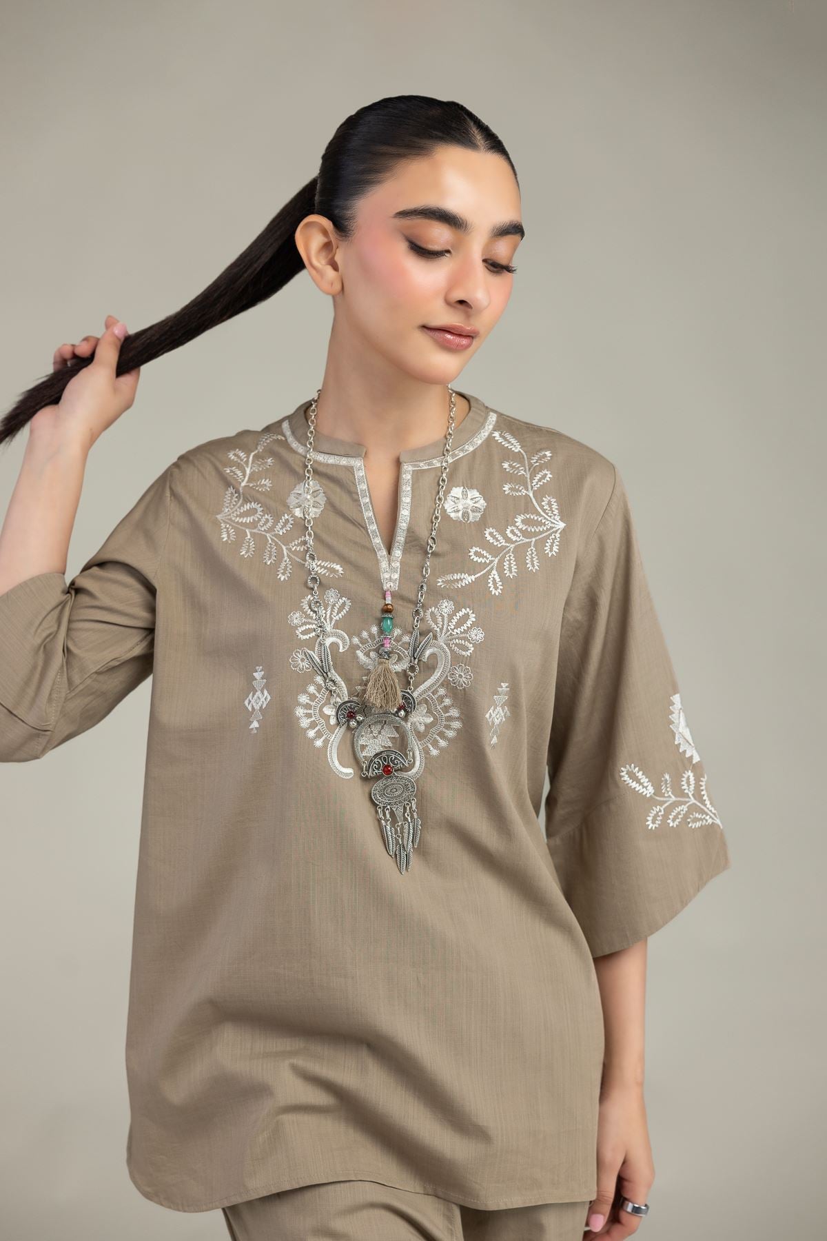Embroidered Textured Cotton V-Neck Floral Shirt - 6-26-204-A-B1-VG