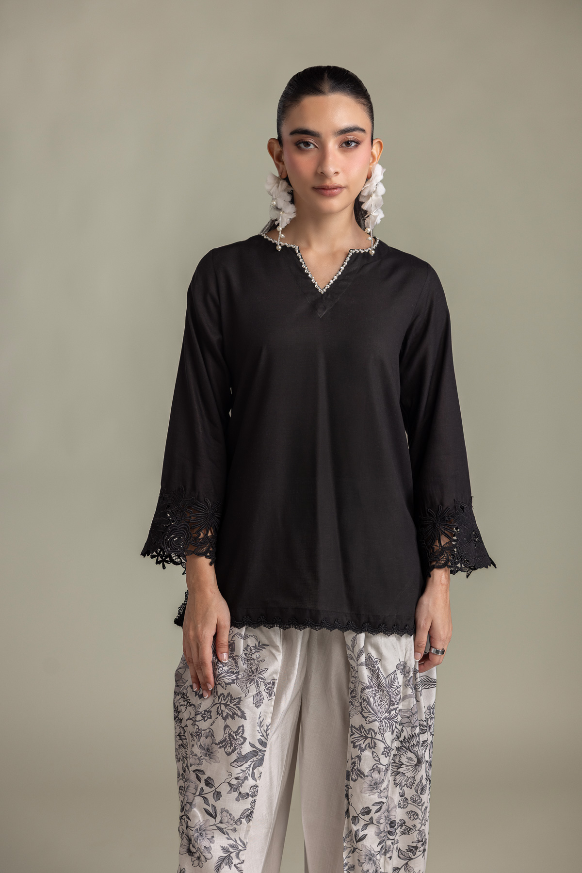 Printed Raw Silk Short Black Kurta - 2-26-418-A-H1-VG