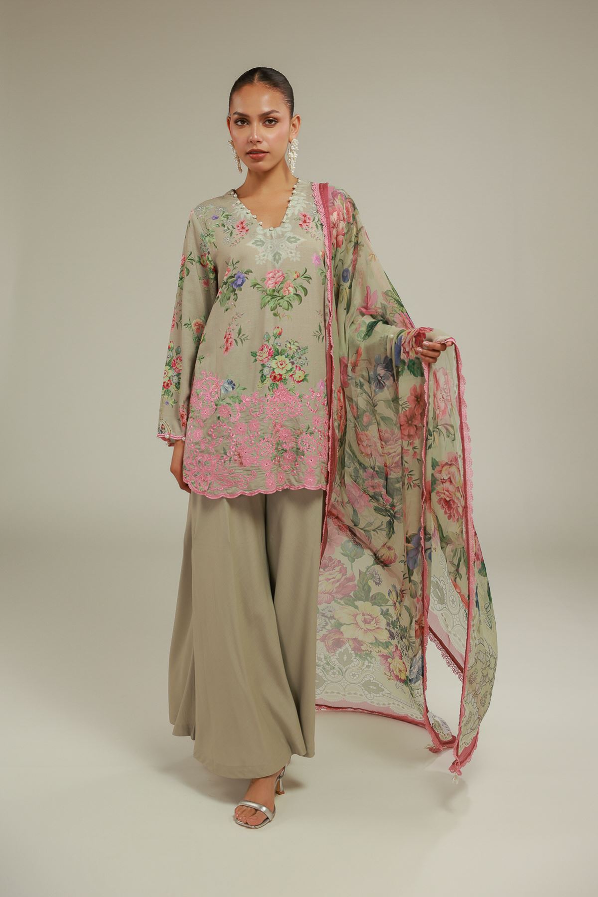 Embroidered Chiffon Floral Lace-Up Dupatta - 2-26-101-A-H-VG