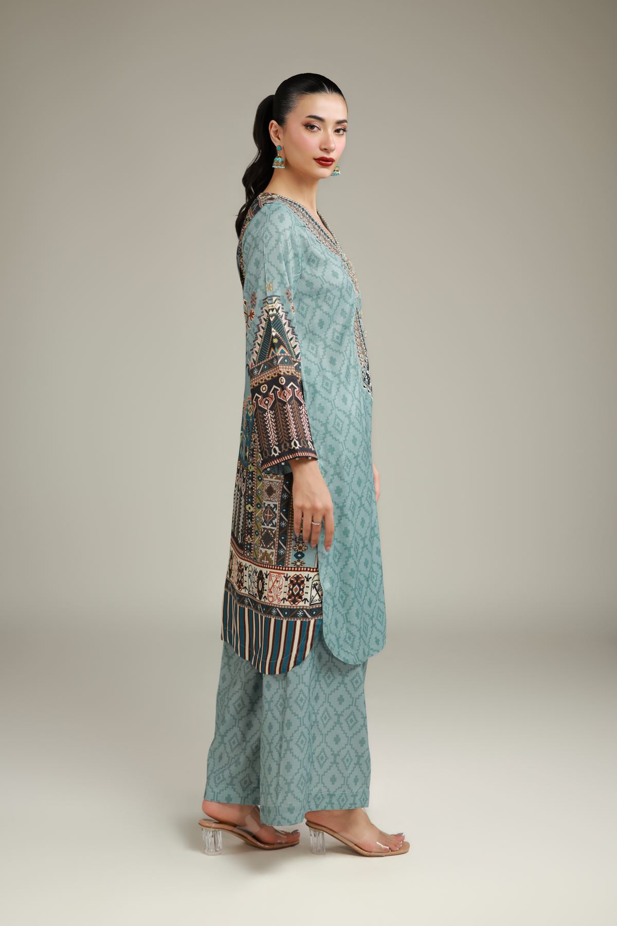 Embroidered Raw Silk Teal Longline Kurta - 1-26-101-A-D-VG