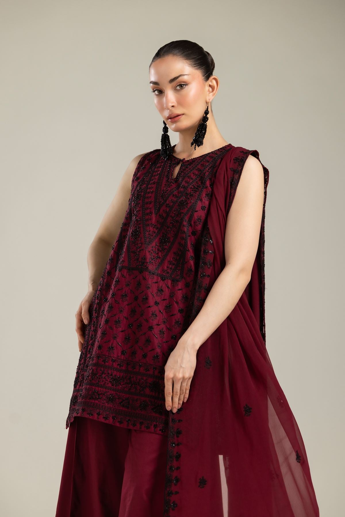 Embroidered Raw Silk 3 Piece Co-ord Set - T-A112-26-106EC1-VG