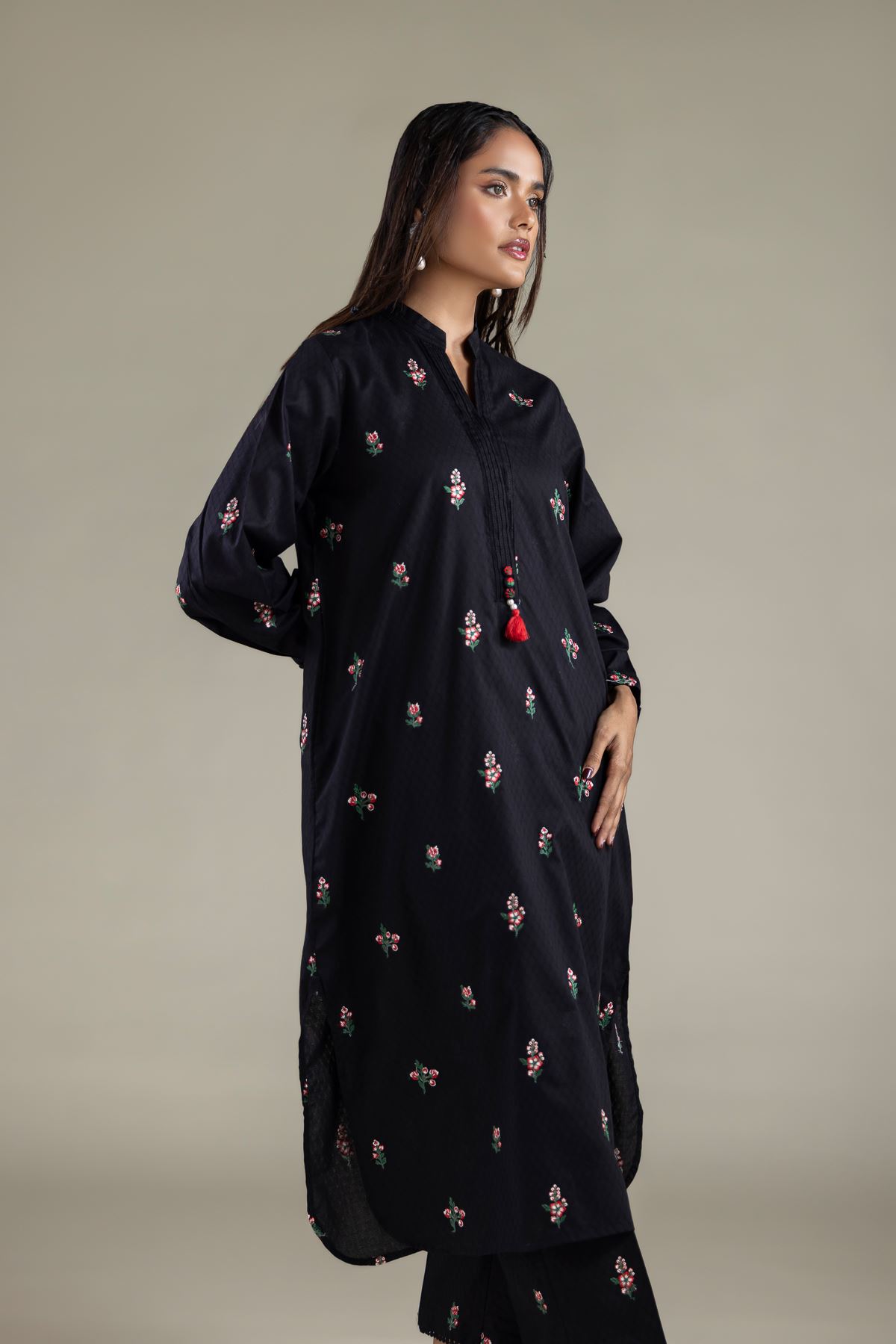 Embroidered Cotton Dobby Long Floral Kurta - 1-26-114-A-F-VG