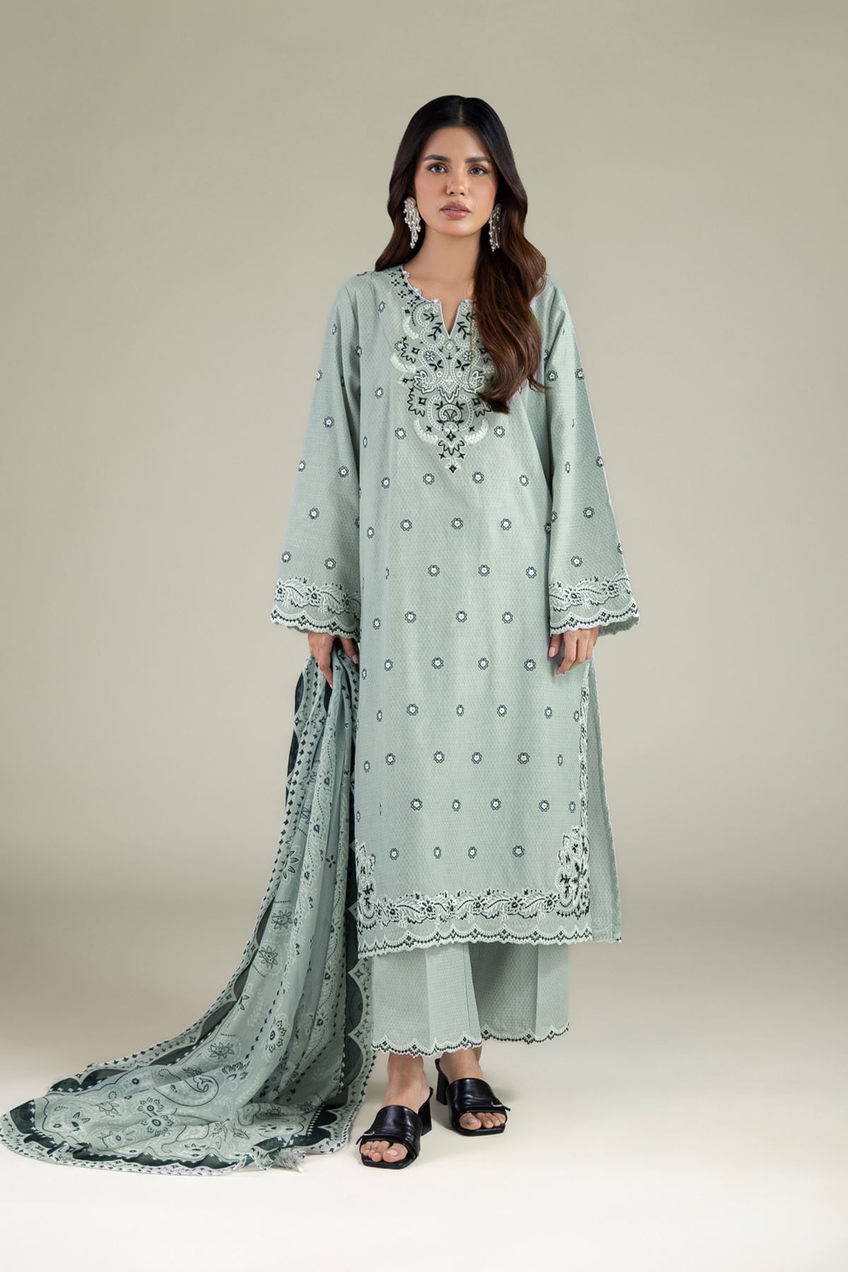 Embroidered Cotton Dobby 3-Piece Tailored Set - 1-26-102-A-F-VG