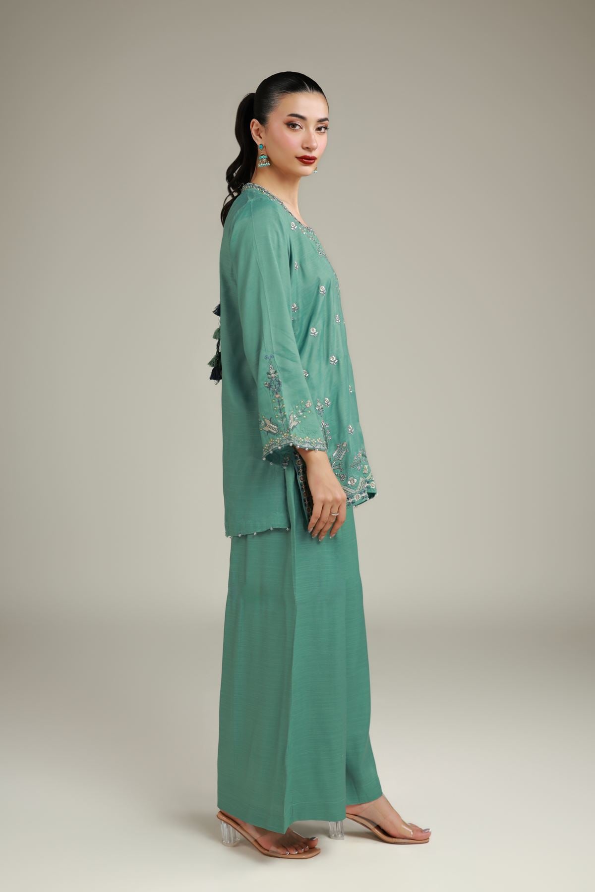 Embroidered Raw Silk Summer Teal Pants - 2-26-106-A-G-VG