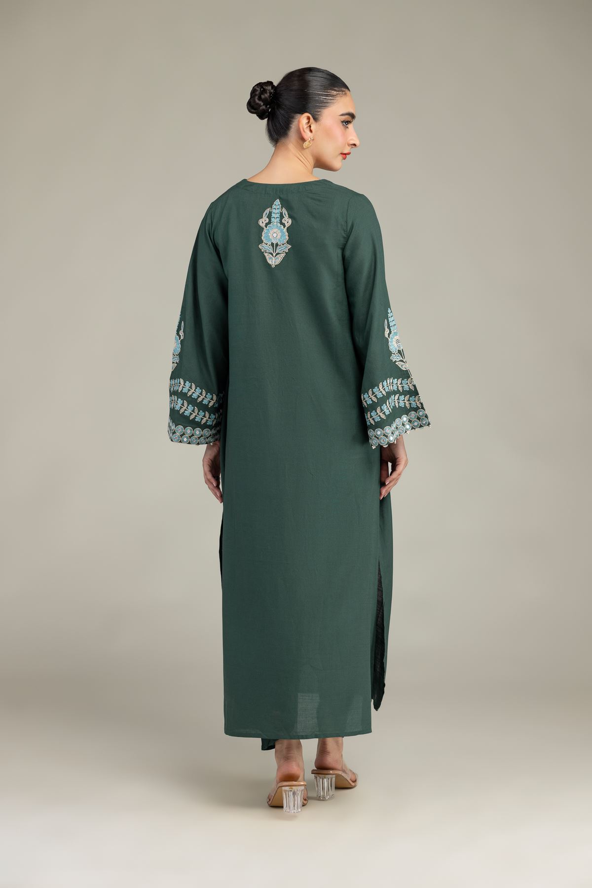 Embroidered Raw Silk Green Floral Kurta - 2-26-201-A-C-VG