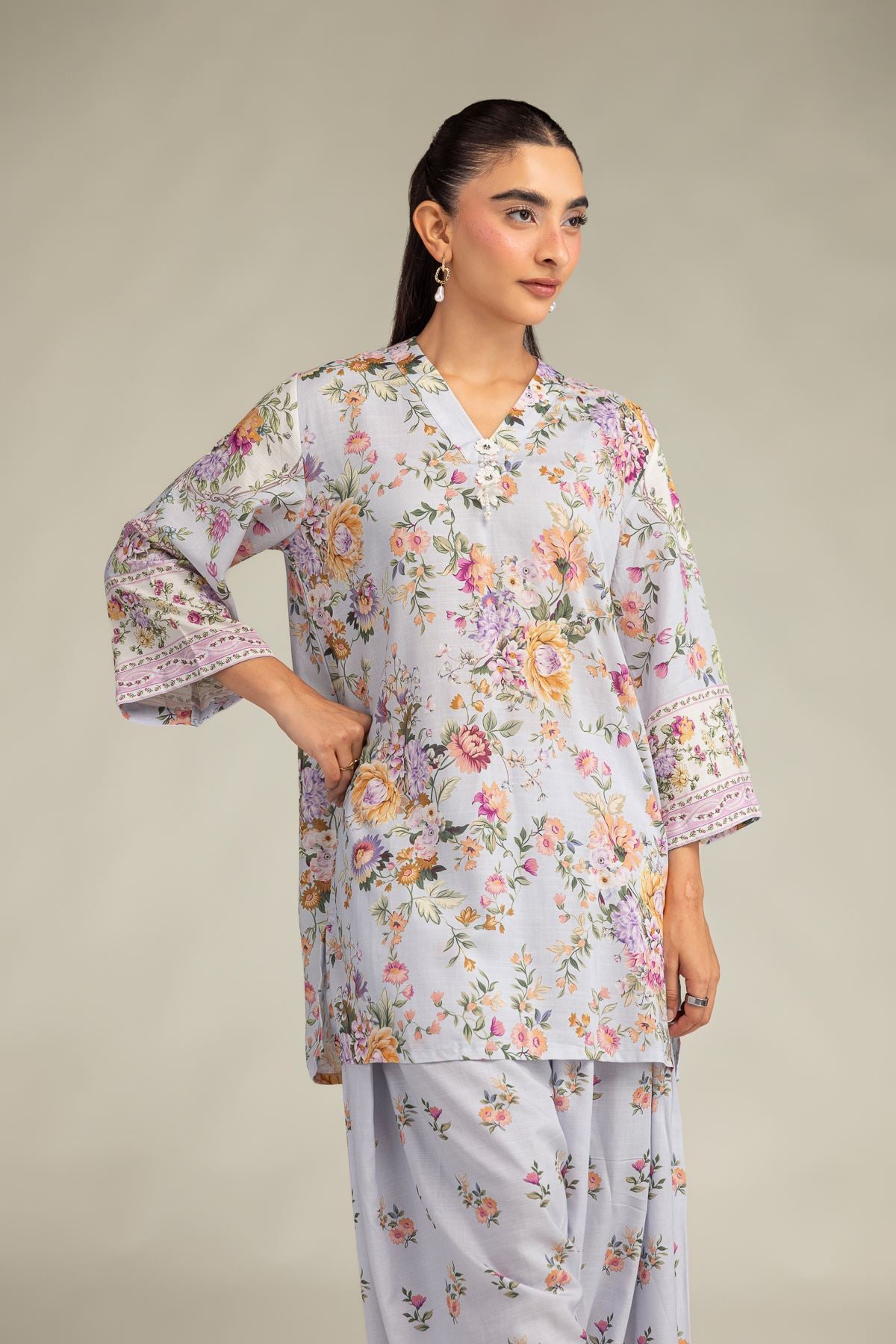 Printed Raw Silk Short Floral Kurta - 1-26-102-A-F-VG