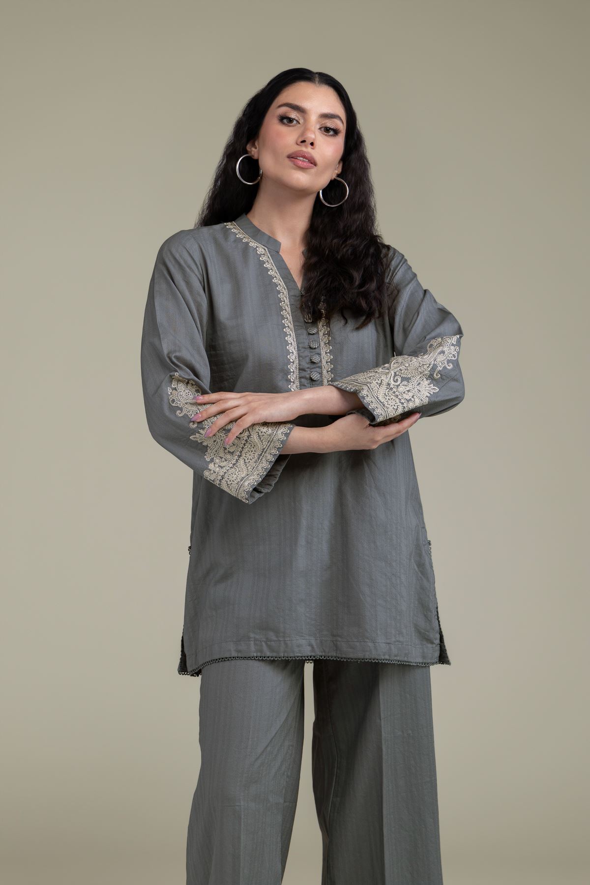 Embroidered Cotton Dobby Gray Cotton Kurta - 1-26-209-A-F1-VG