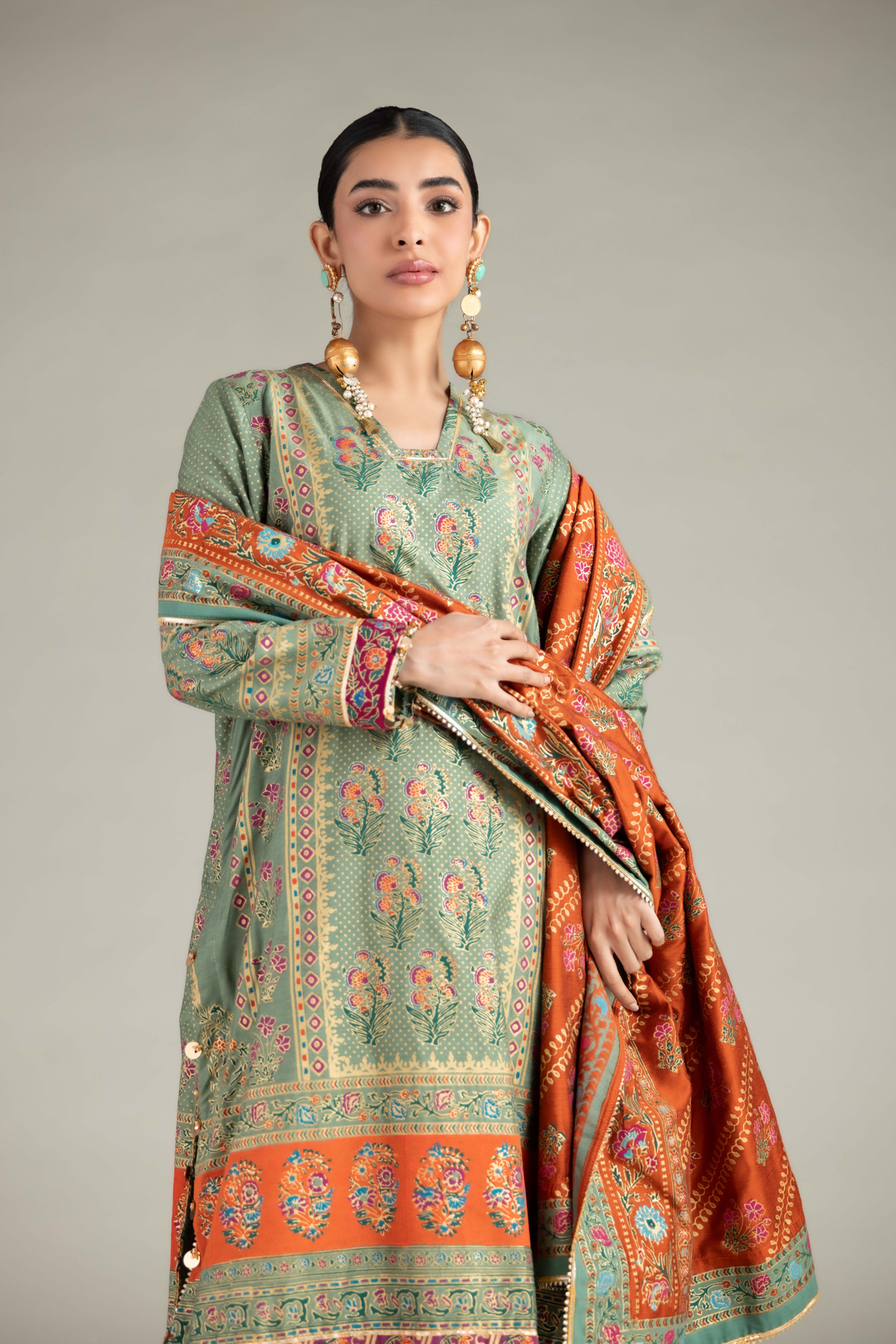 Printed Raw Silk 3 Piece Co-ord Set - 25-09-10E2-07TB-VG