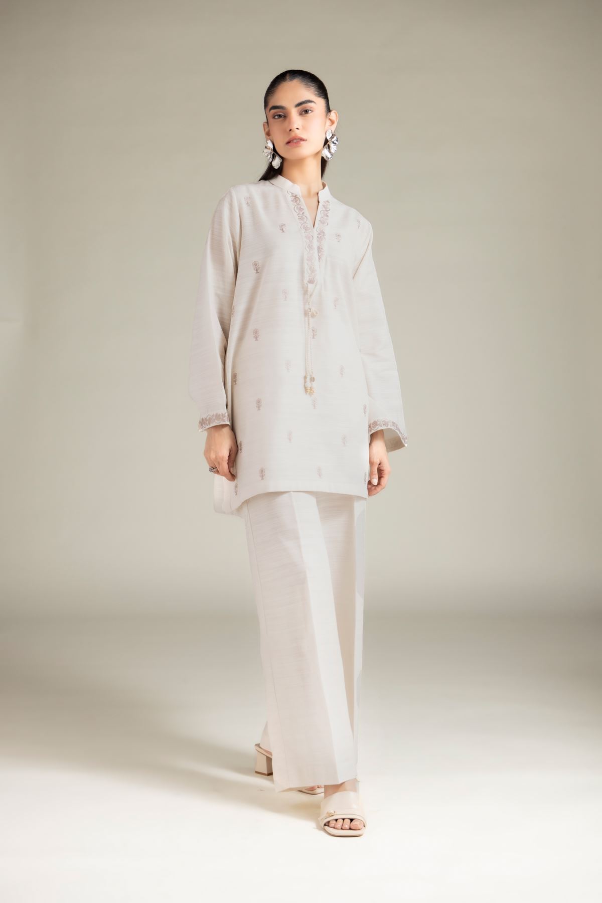 Embroidered Textured Cotton Pants - 1-26-109-A-E-VG