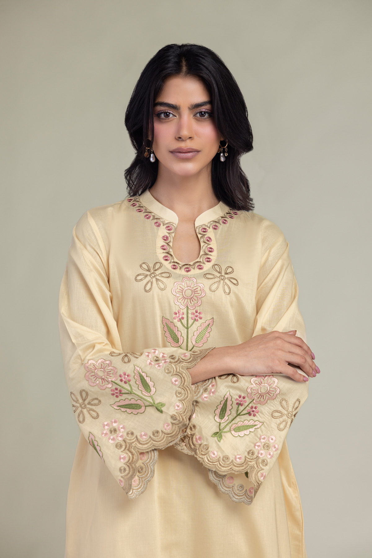 Embroidered Cambric Floral Beige Kurta - 1-26-457-A-C2-VG