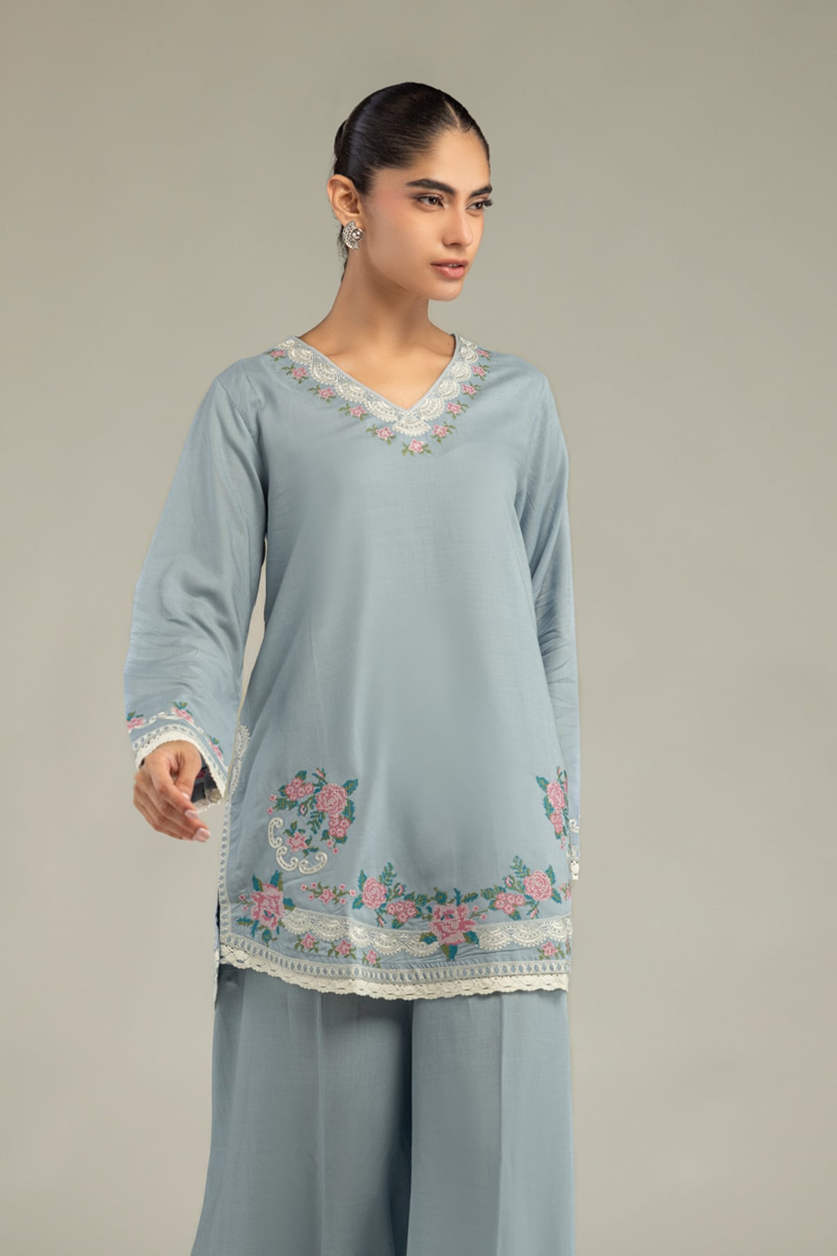 Embroidered Raw Silk Blue Floral Kurta - 1-26-102-A-F-VG