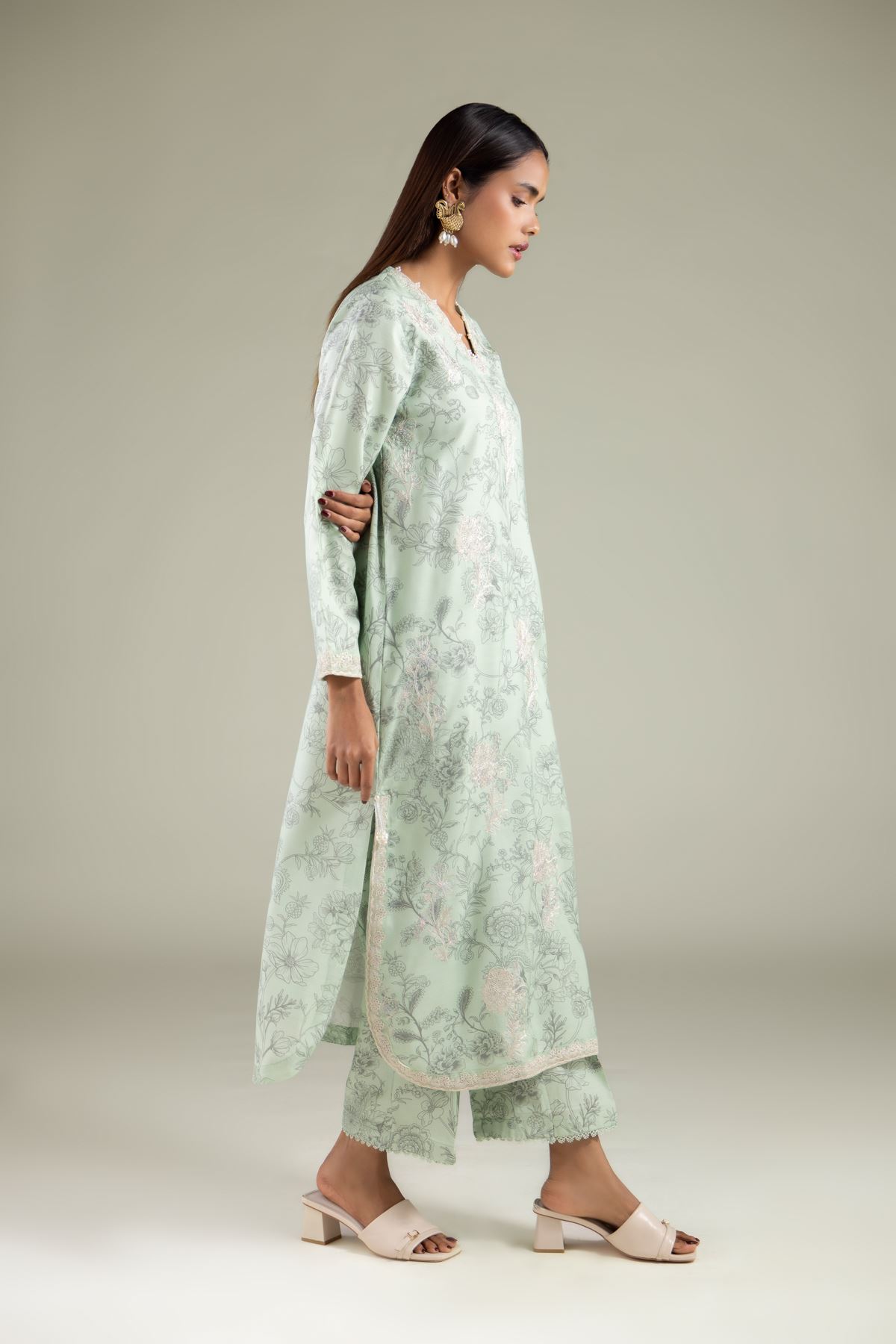 Embroidered Raw Silk Floral Longline Kurta - 1-26-112-A-D-VG