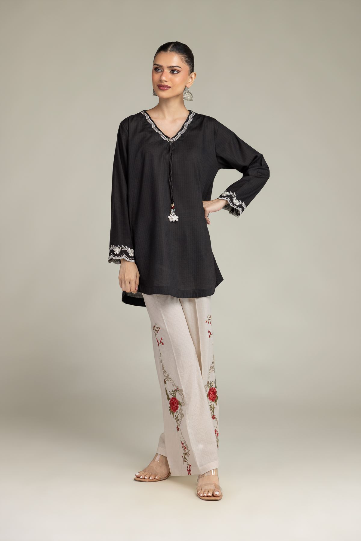Embroidered Cotton Dobby Cotton Floral Pants - 1-26-225-A-I1-VG