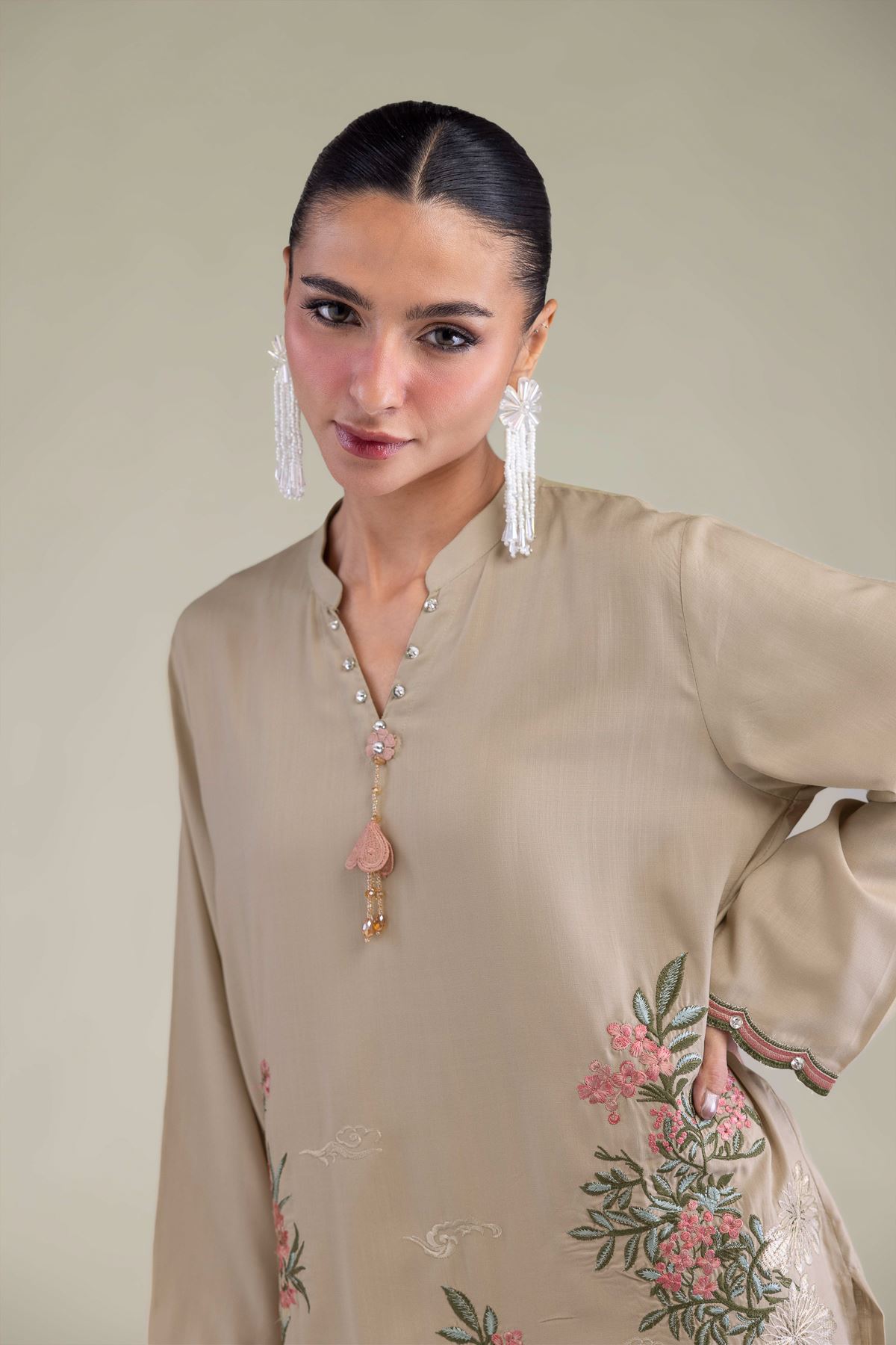 Embroidered Raw Silk Band Collar Kurta - 2-26-202-A-B-VG