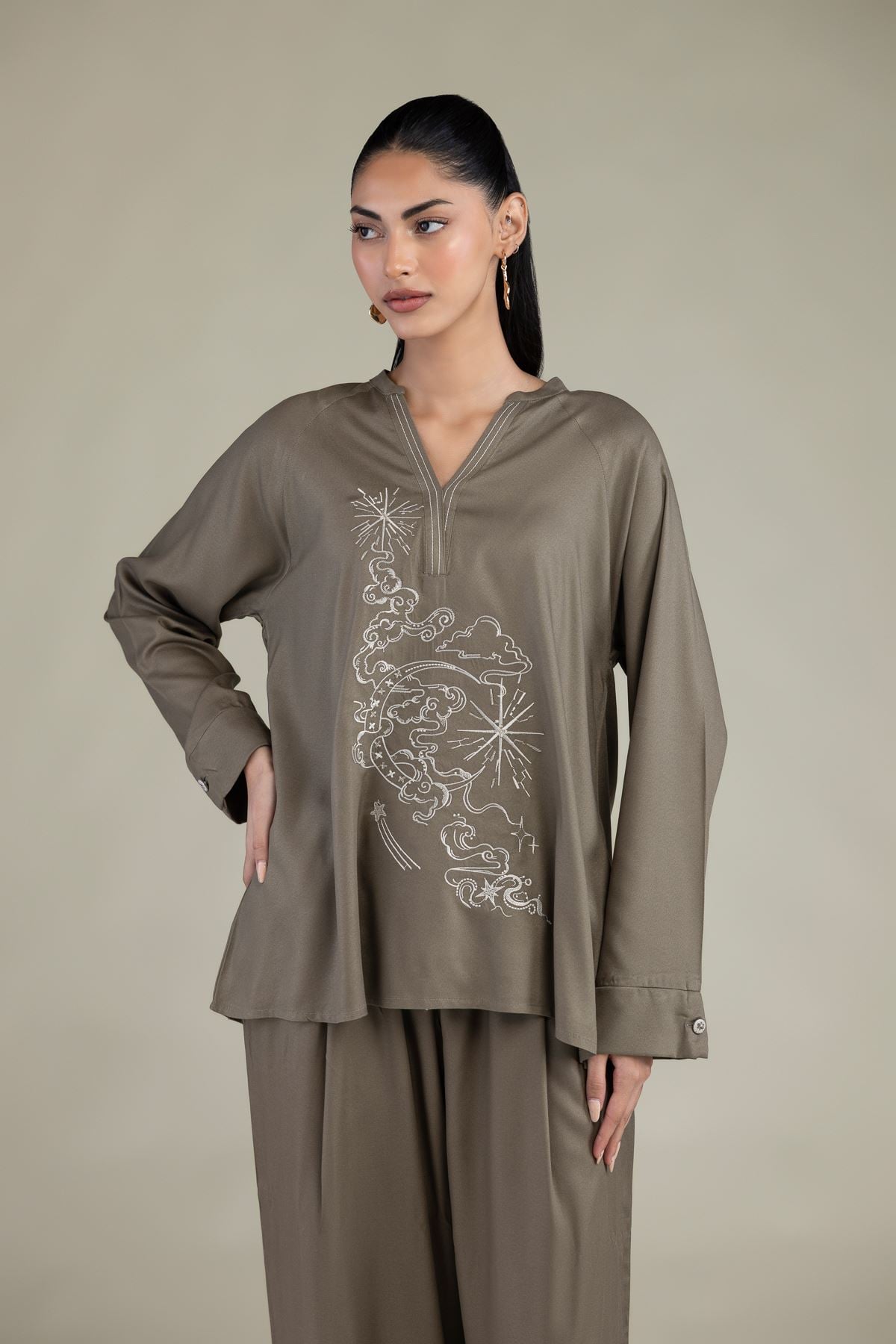 Embroidered Viscose Crepe Olive V-Neck Tunic - 2-26-308-A-B1-VG
