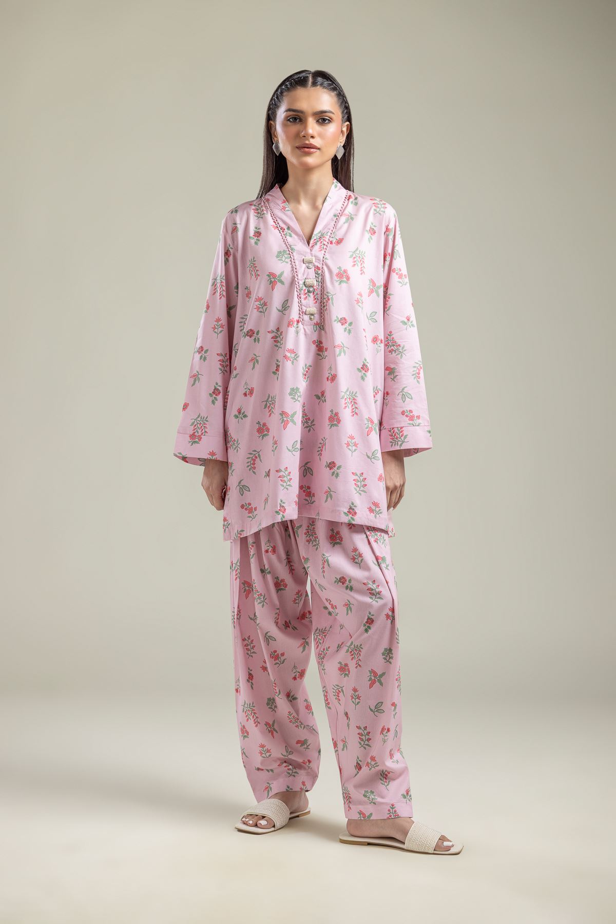 Printed Cotton Viscose Pink Floral Shalwar - 1-26-135-A-E-VG