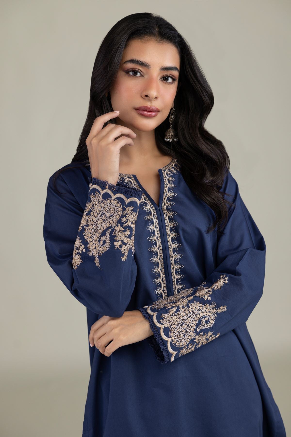 Embroidered Cambric Navy V-Neck Kurta - 8-26-303-A-C1-VG