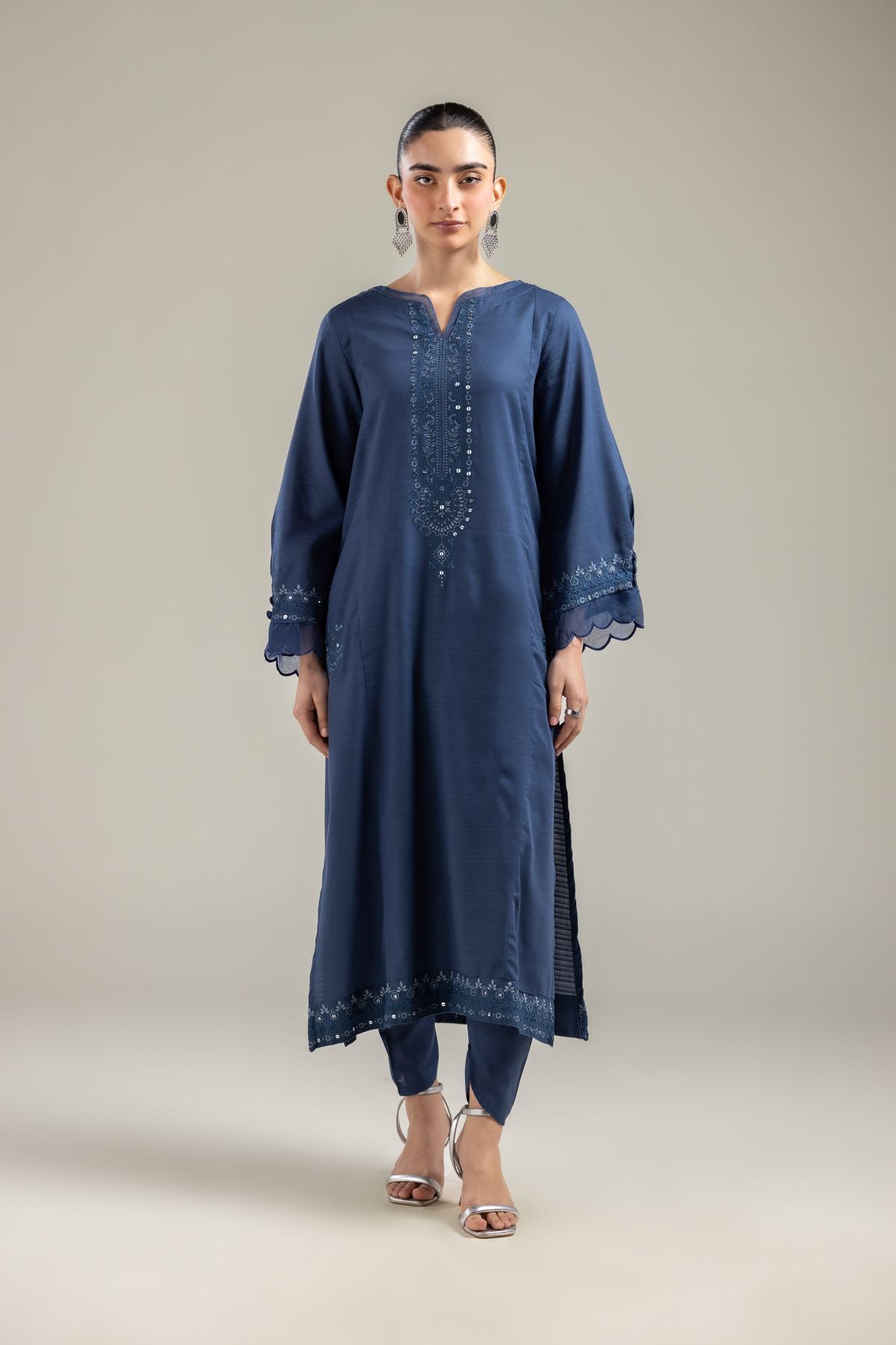 Embroidered Cotton Dobby Long Navy Kurta - T-A22-26-122FI1-VG