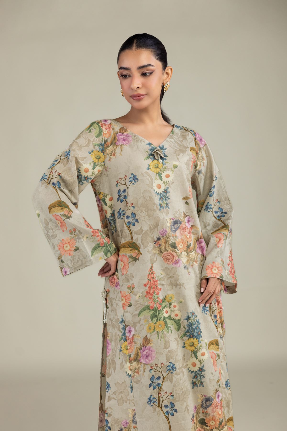 Printed Cotton Dobby Long Floral Kurta - 1-26-229-B-F1-VG