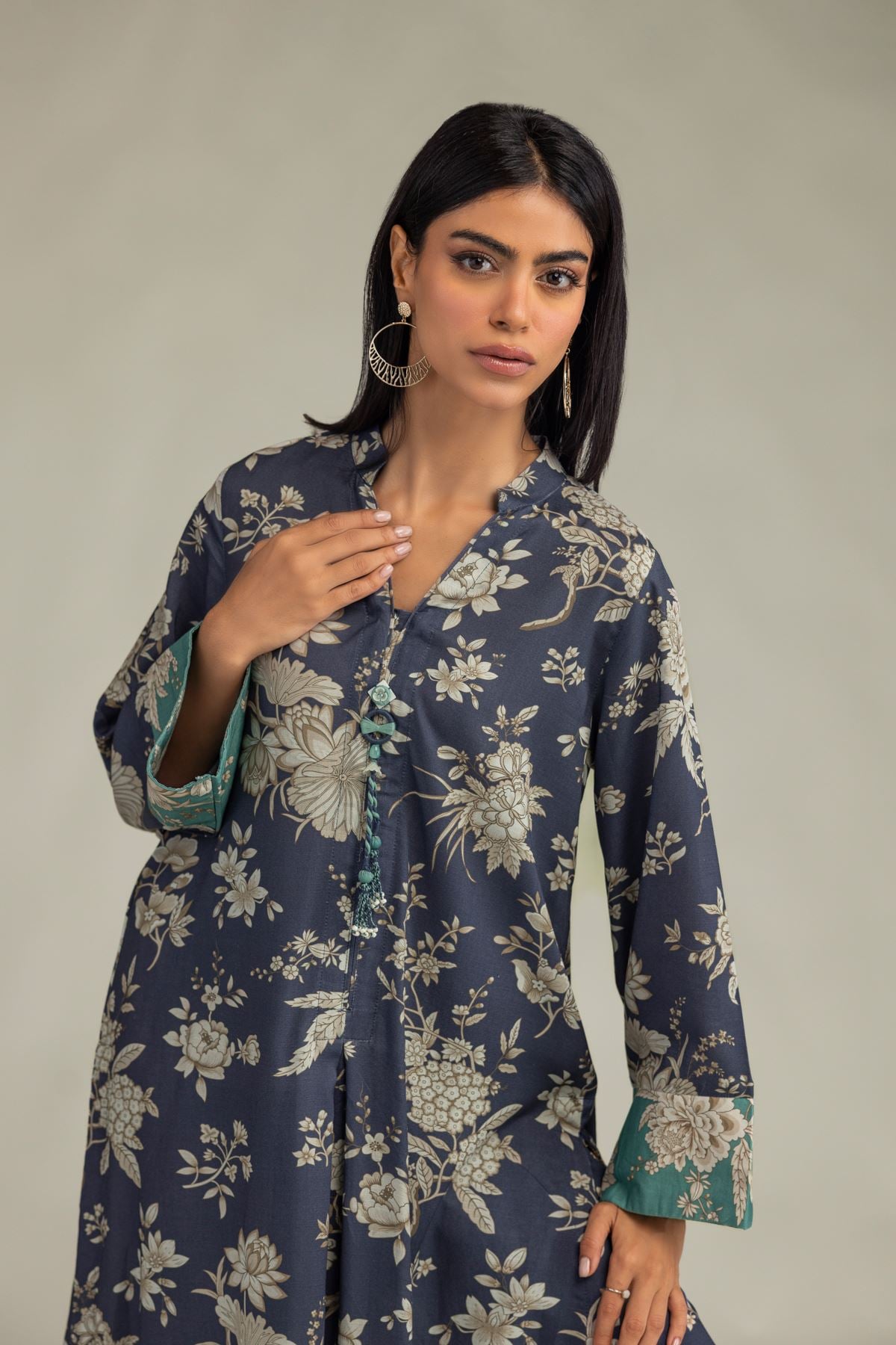 Printed Raw Silk Floral Longline Kurta - 12-26-301-A-E1-VG