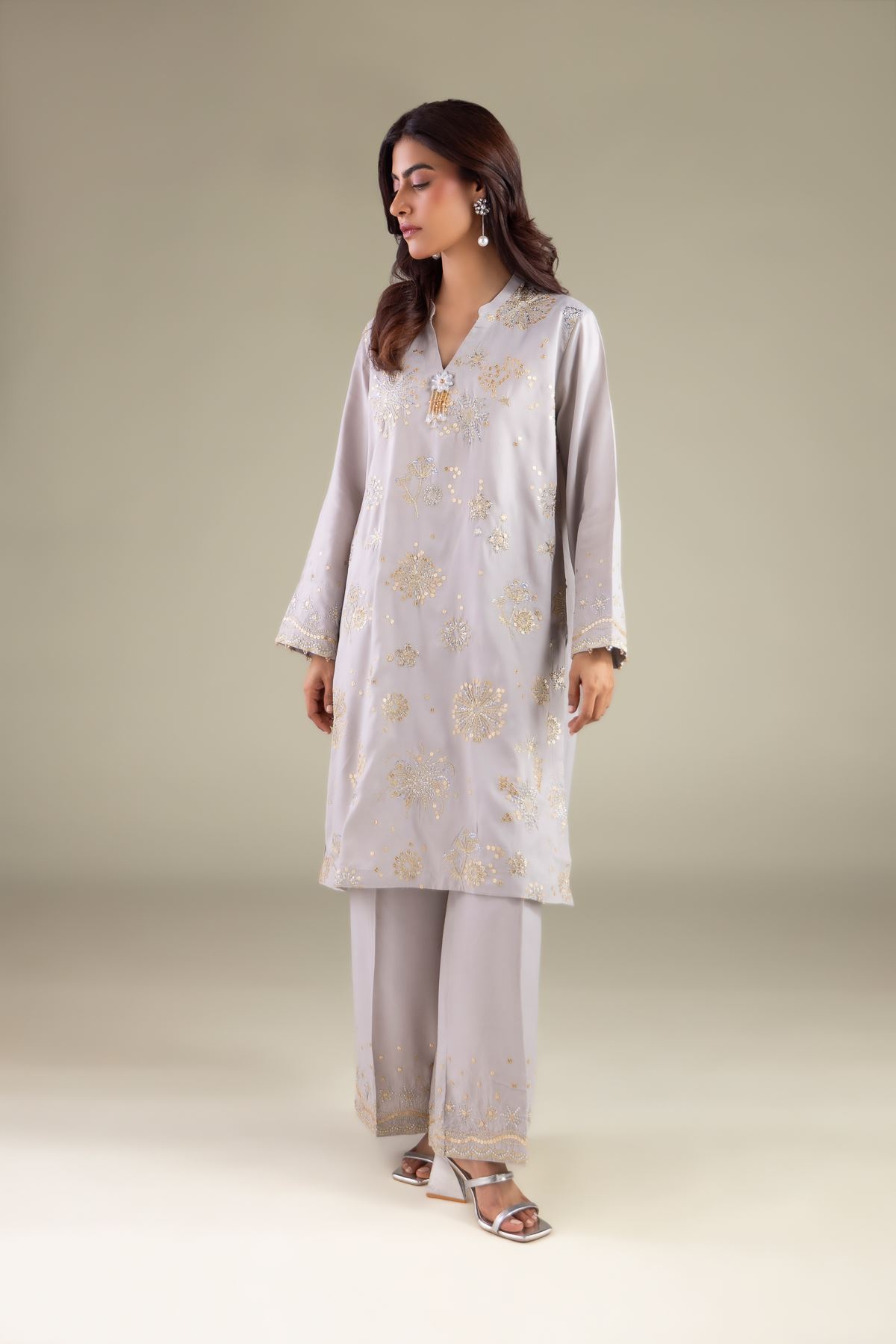 Embroidered Raw Silk Band Collar Kurta - 1-26-115-A-C-VG
