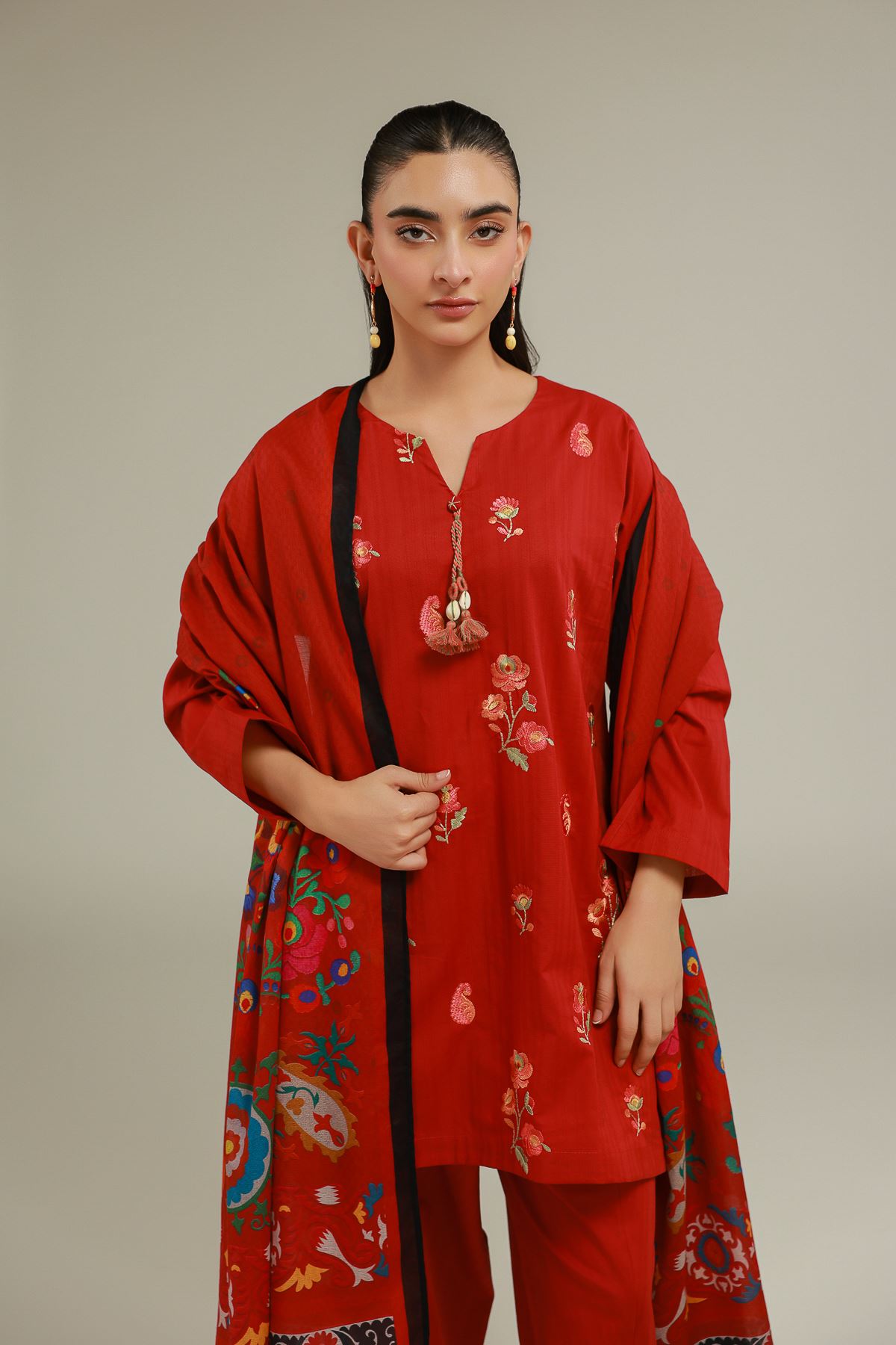 Embroidered Cotton Net Red Floral Dupatta - 1-26-145-C-H-VG