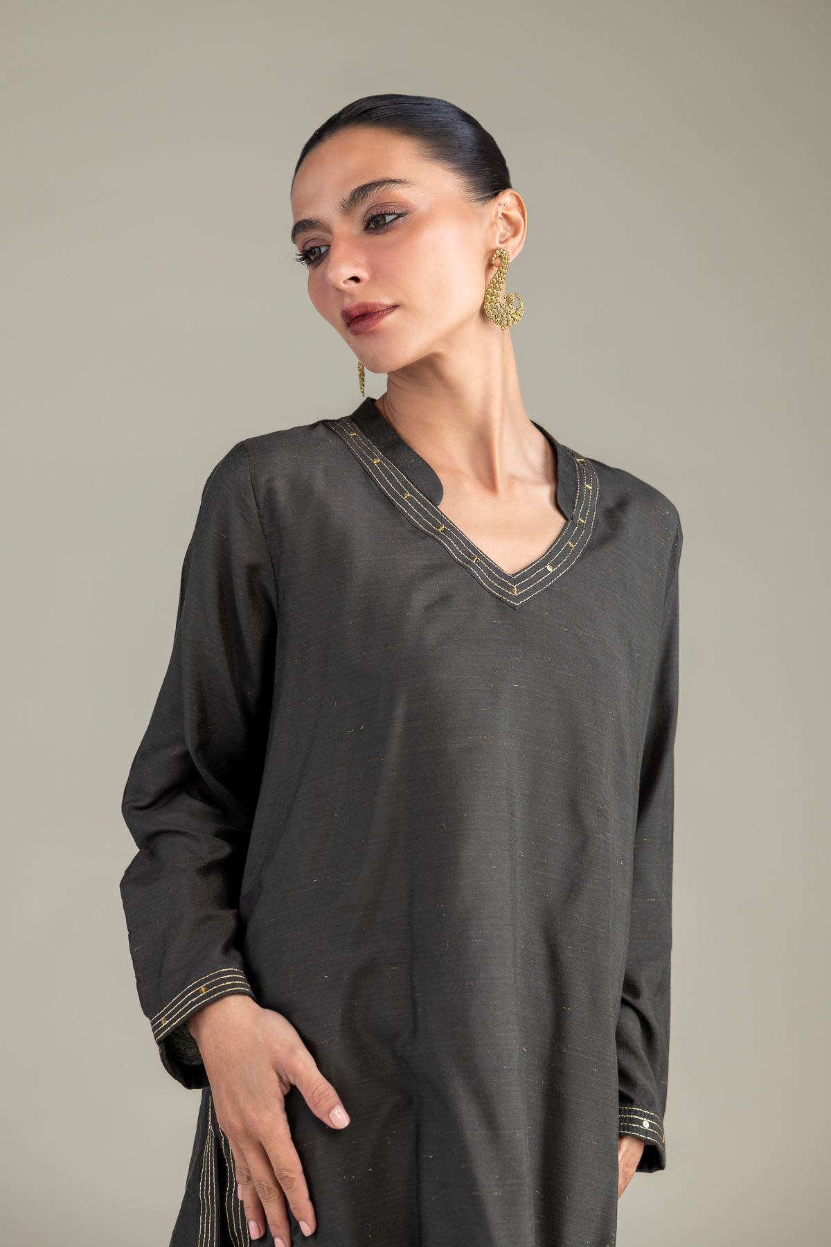 Dyed Mesuri Silk V-Neck Longline Kurta - 1-26-322-B-A1-VG