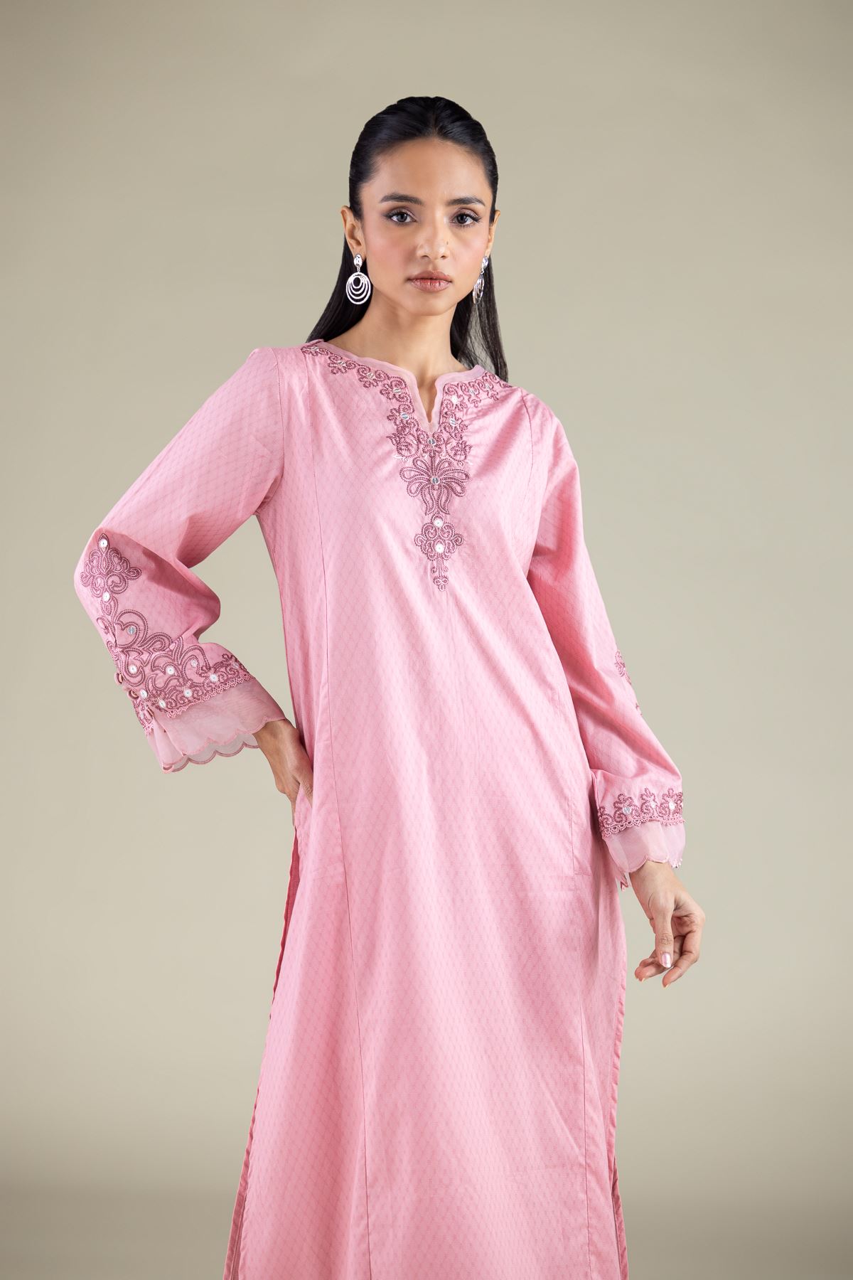 Embroidered Cotton Dobby Round V-Neck Kurta - 2-26-104-A-E-VG
