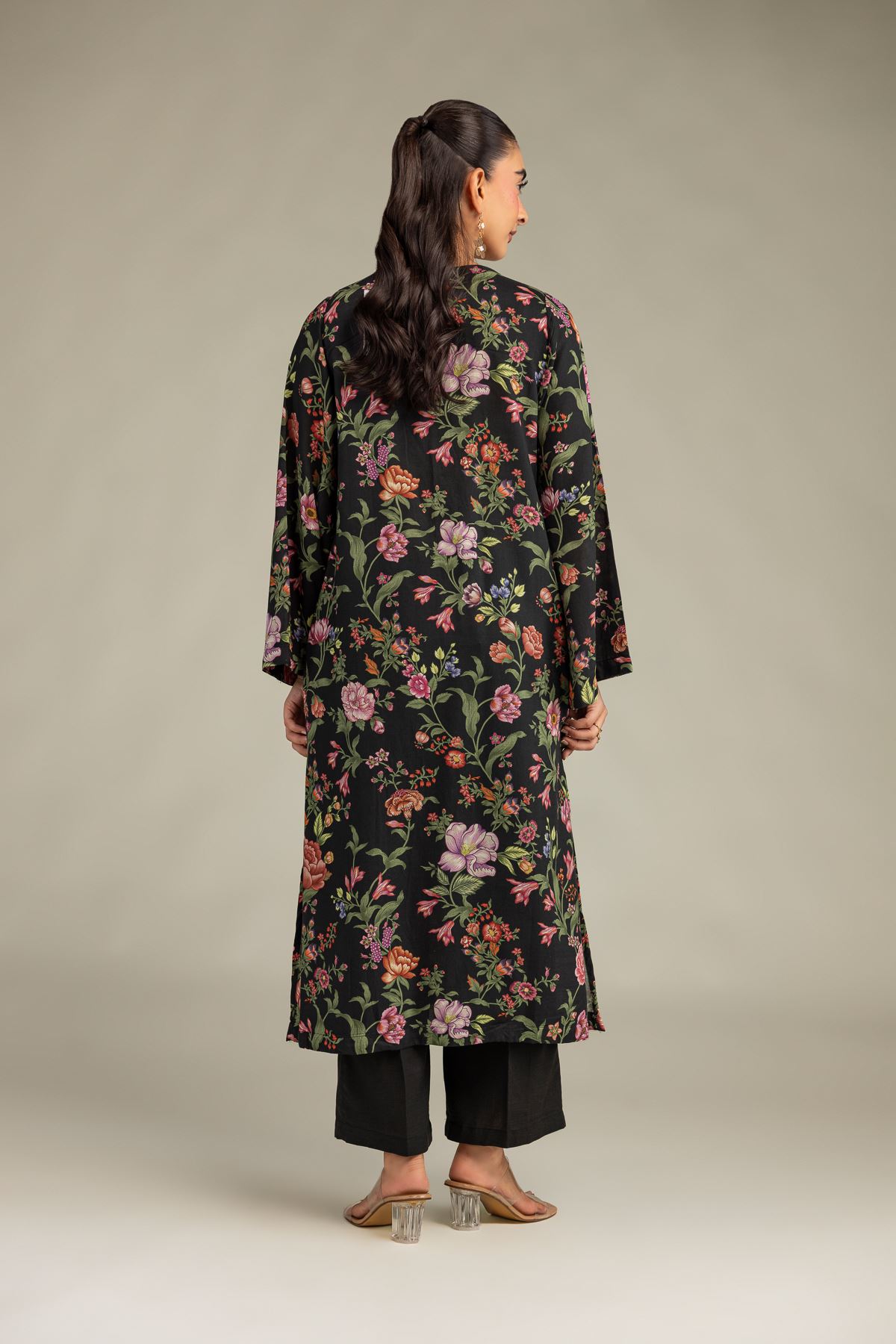 Printed Raw Silk Black Floral Kurta - 8-26-303-A-C1-VG