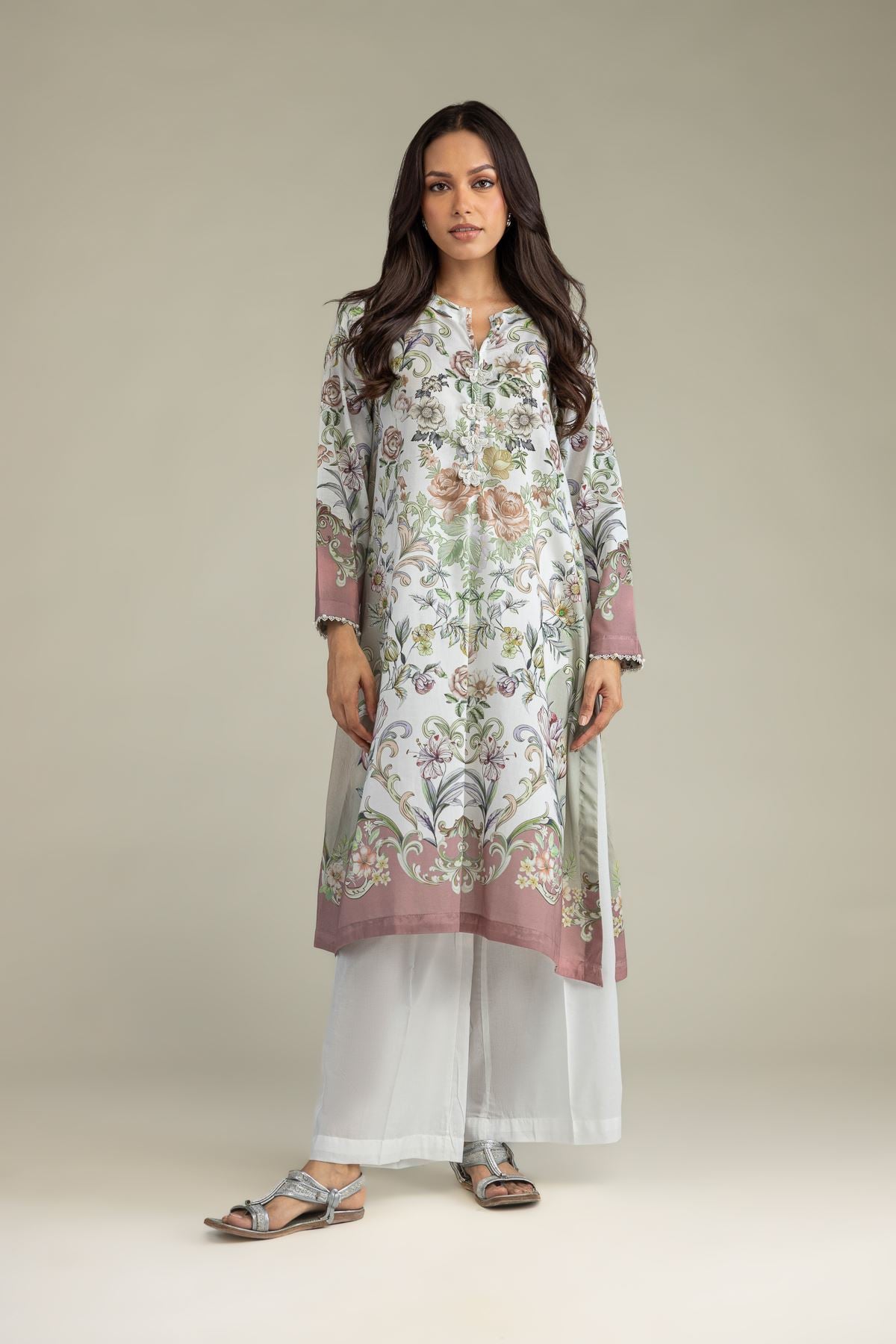 Printed Cambric Floral Longline Kurta - 1-26-243-B-B2-VG