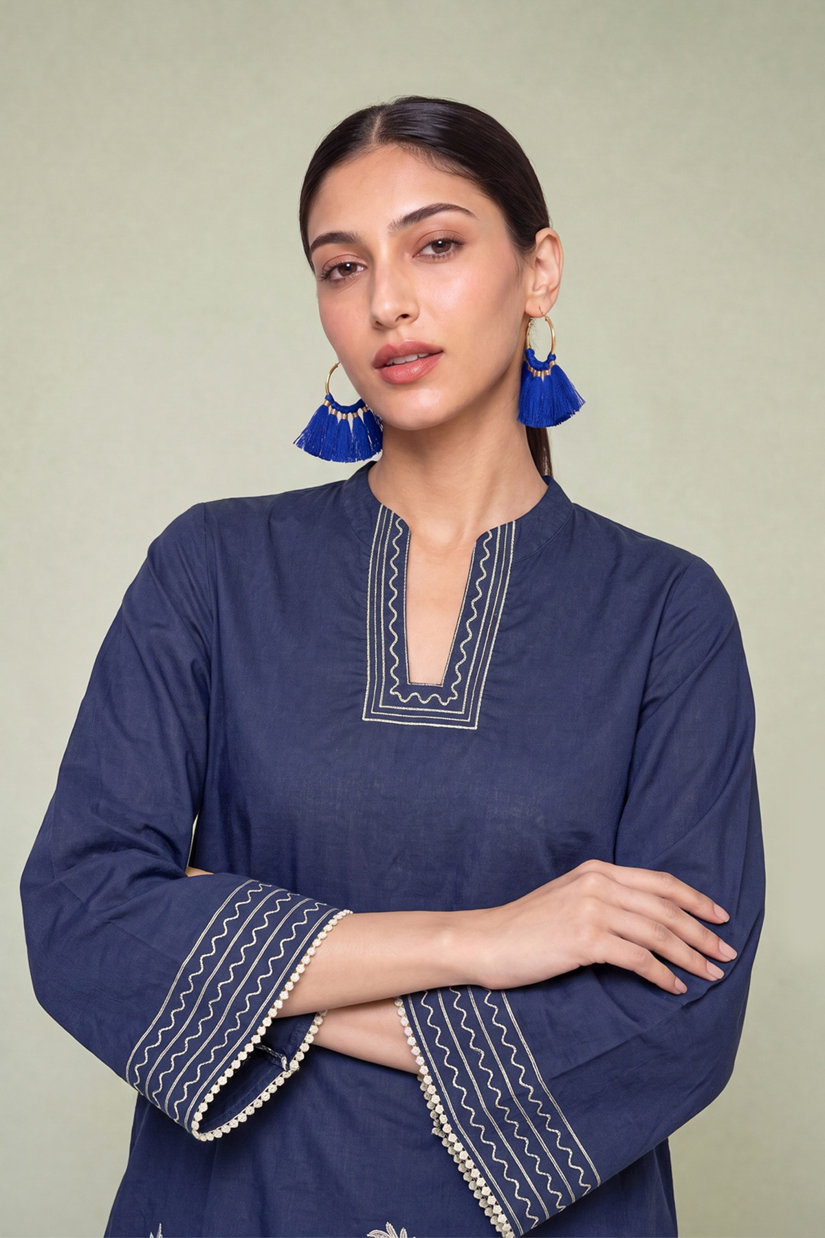 Embroidered Cambric Floral Navy Kurta - 12-26-301-A-E1-VG