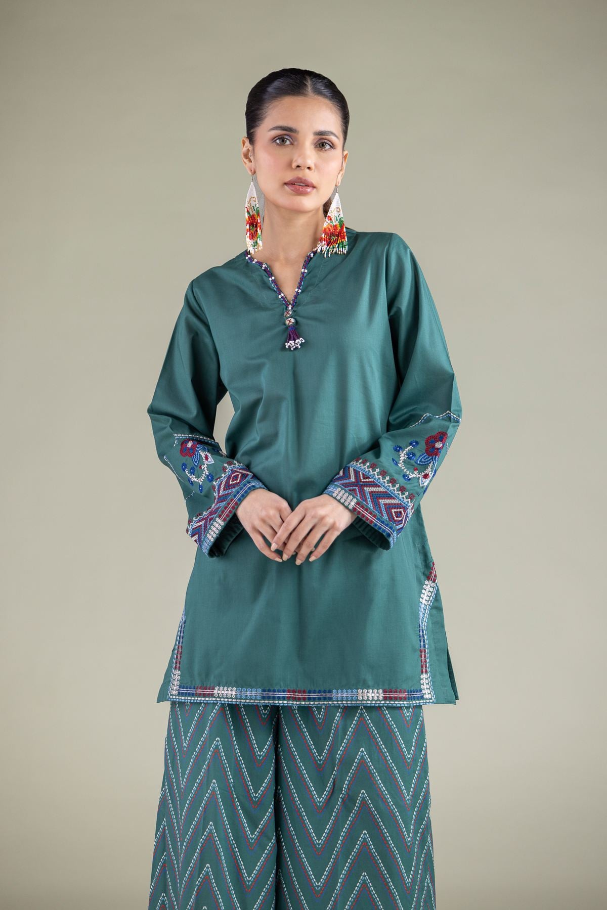 Embroidered Cambric Geometric V-Neck Kurta - 1-26-108-A-F-VG