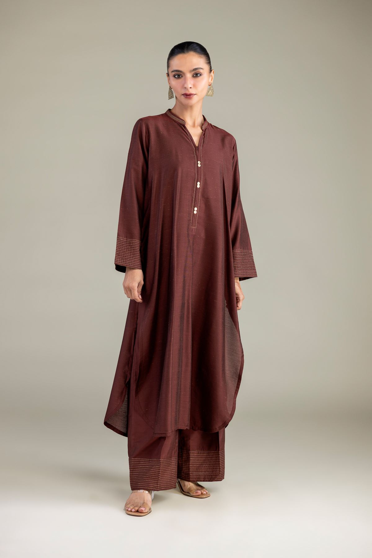 Dyed Mesuri Silk Brown V-Neck Kurta - 1-26-322-B-A1-VG