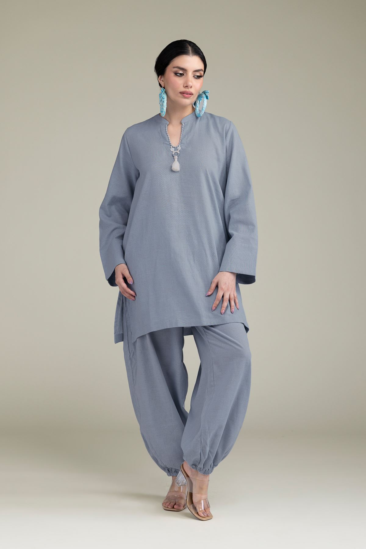 Dyed Blended Linen Solid Blue Pants - 1-26-238-A-J1-VG
