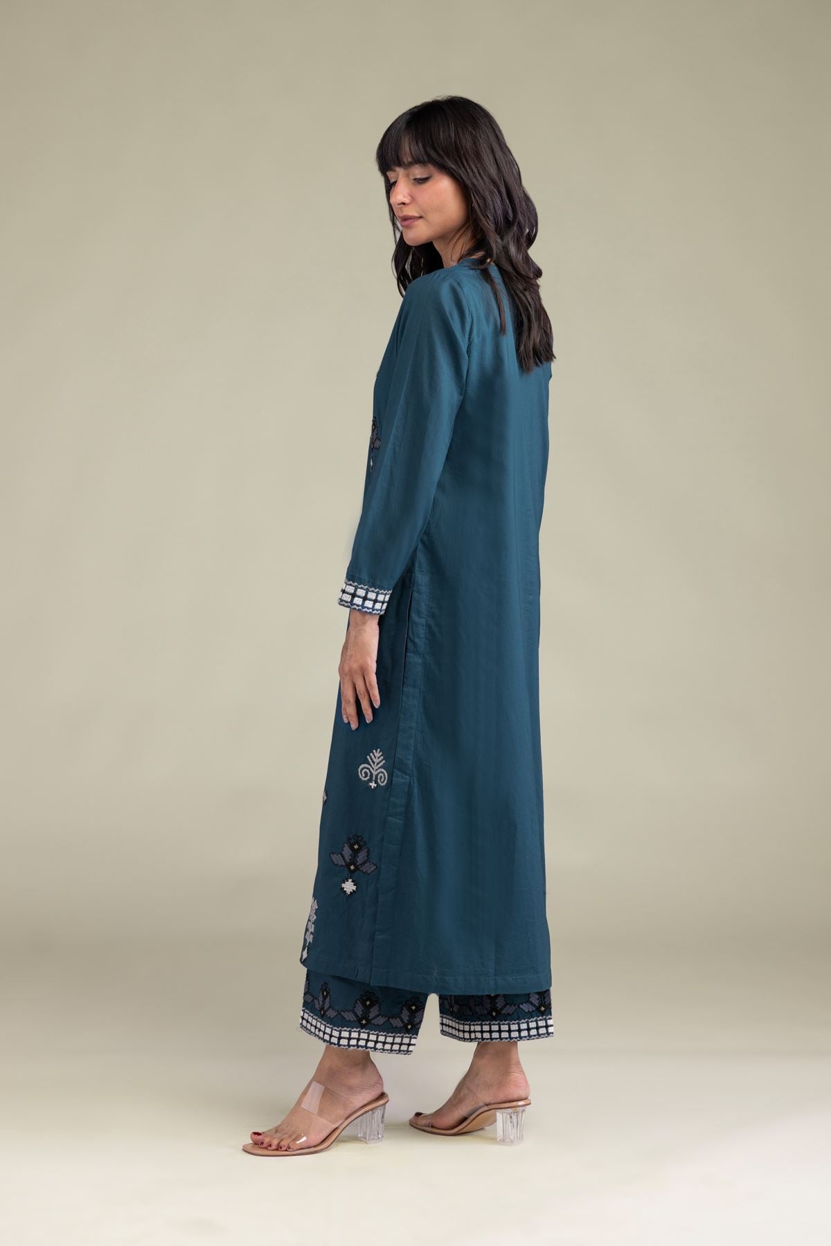 Embroidered Cambric Teal Longline Kurta - 2-26-212-A-H1-VG