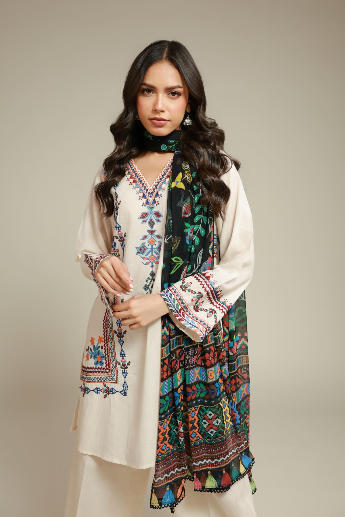 Embroidered Cambric 3-Piece Tailored Set - 2-26-107-A-F-VG