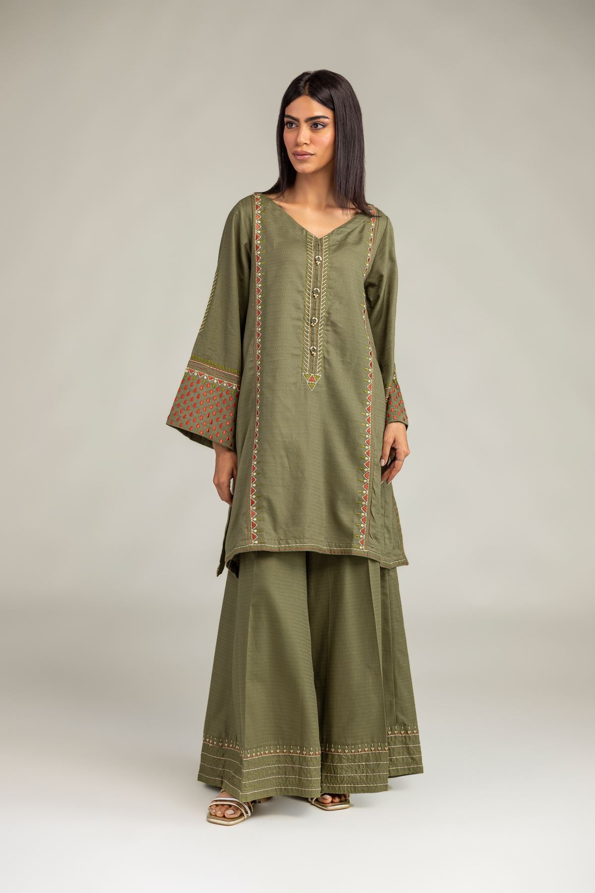 Embroidered Cotton Dobby Olive V-Neck Kurta - T-A33-26-207FD1-VG