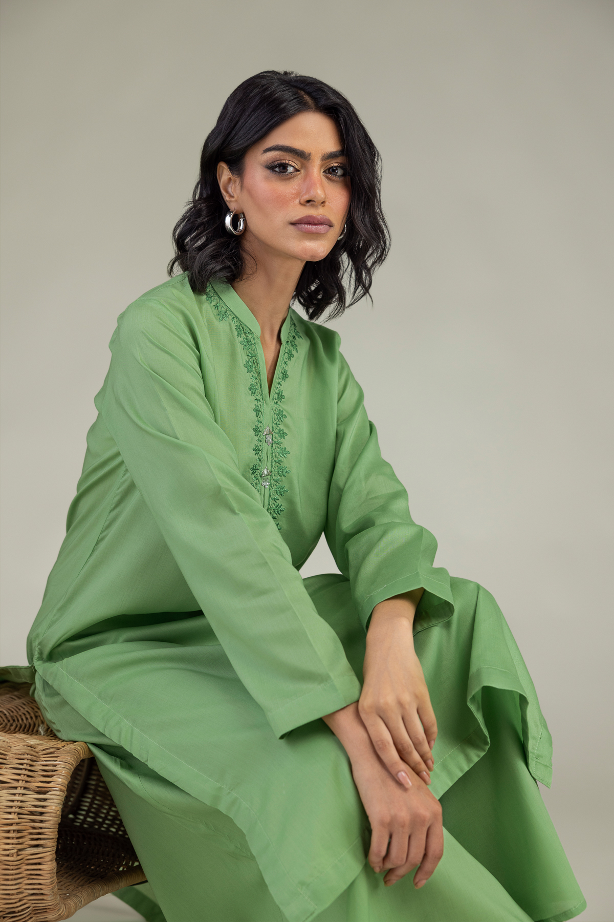 Embroidered Lyocell Green Lyocell Kurta - 8-26-208-A-A1-VG