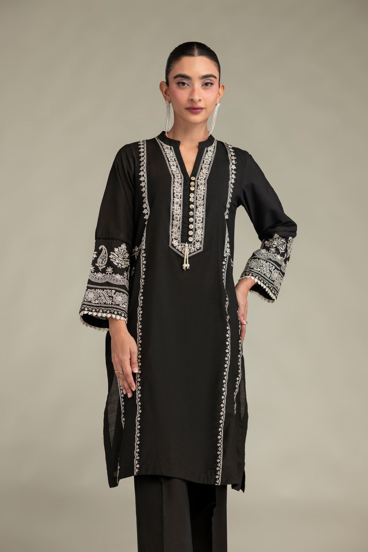Printed Raw Silk Long Black Kurta - 1-26-244-A-D1-VG