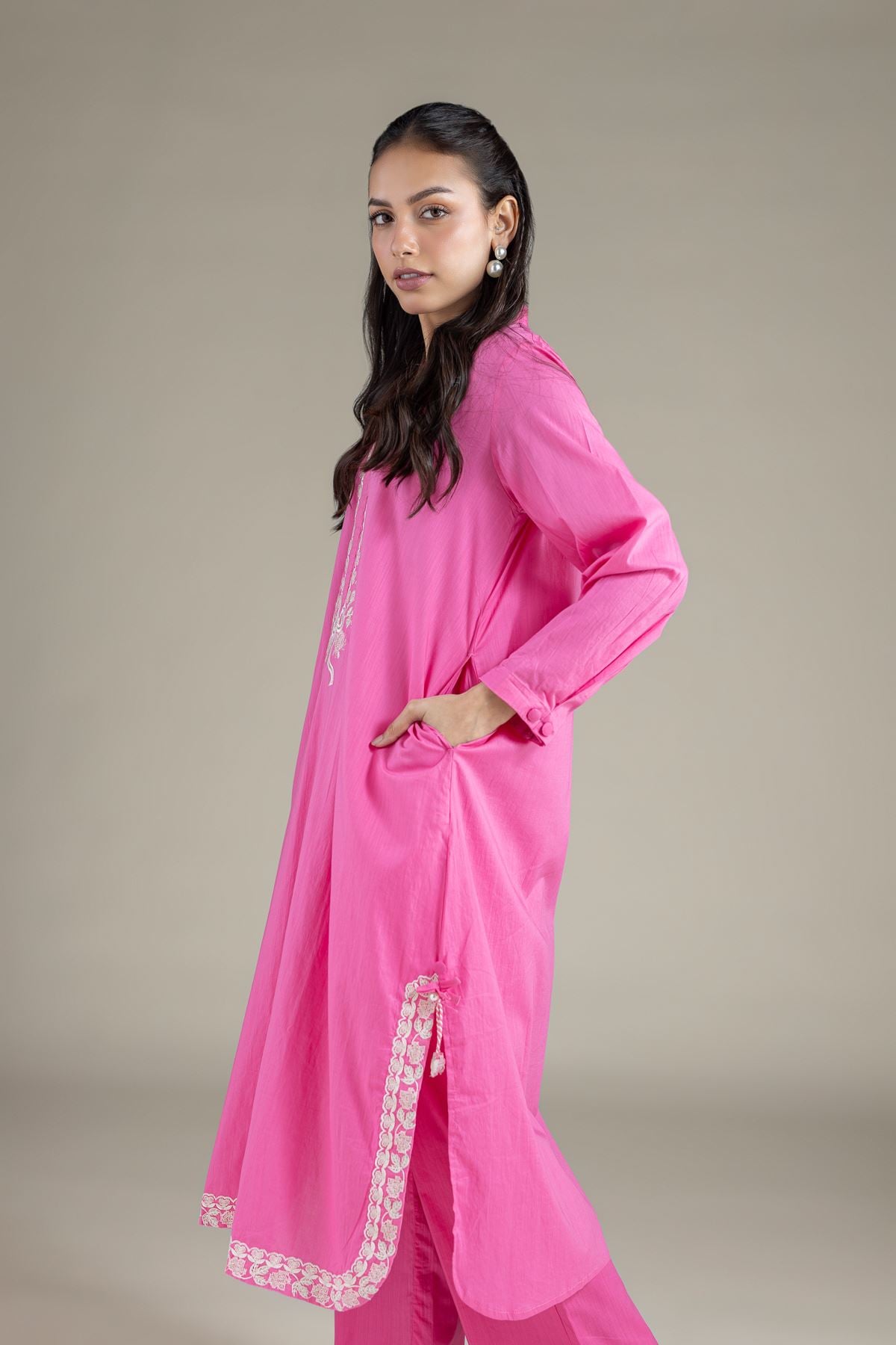 Embroidered Textured Cambric Longline Kurta - 1-26-137-A-B-VG