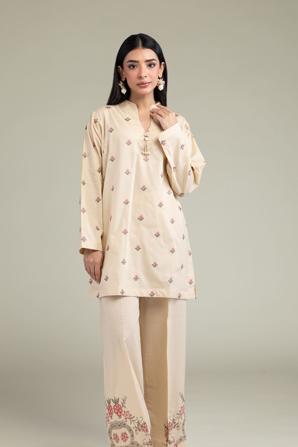 Embroidered Cambric Floral V-Neck Kurta - 1-26-247-A-G1-VG
